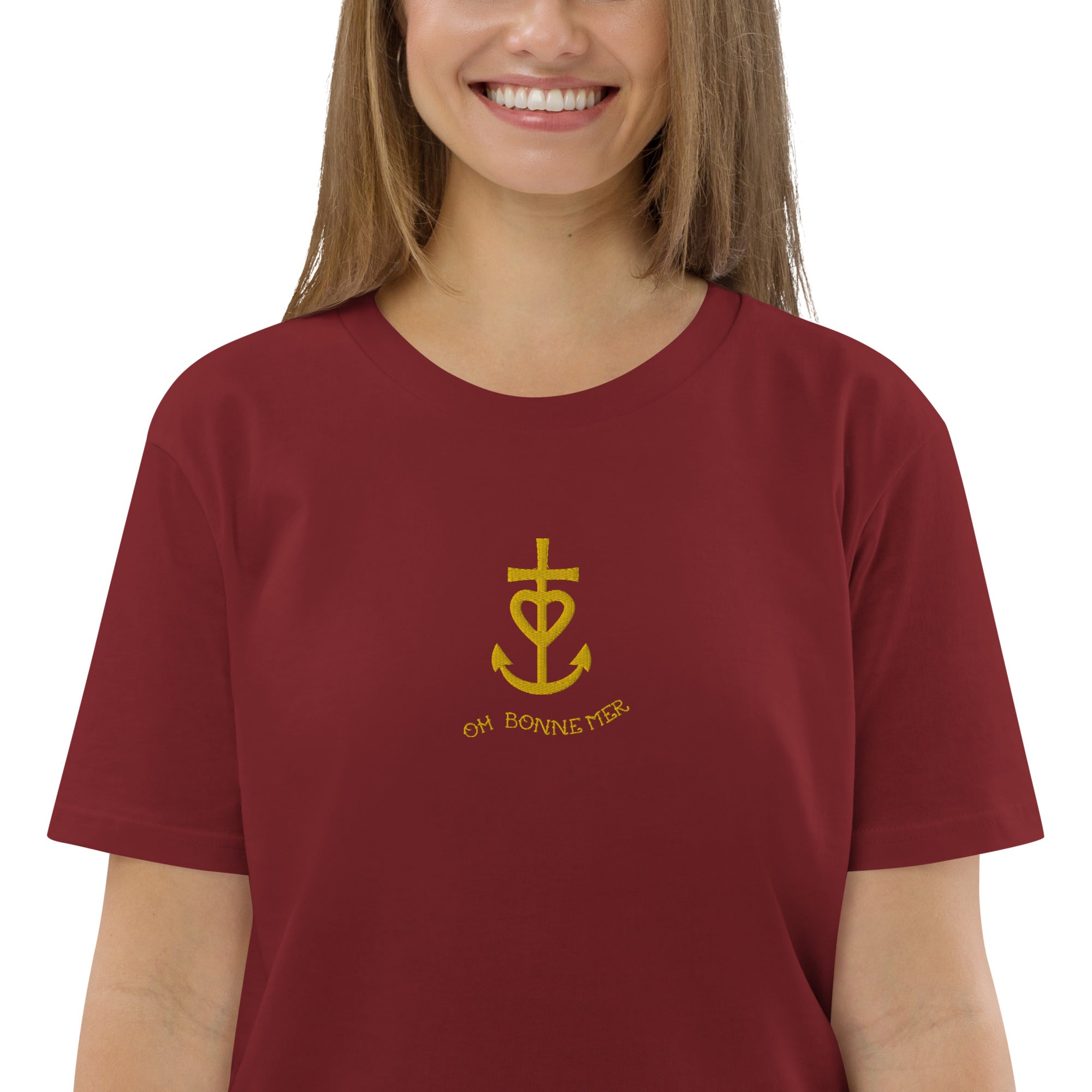 T-shirt unisexe en coton biologique Croix de Camargue dorée Oh Bonne mer brodé sur couleurs foncées