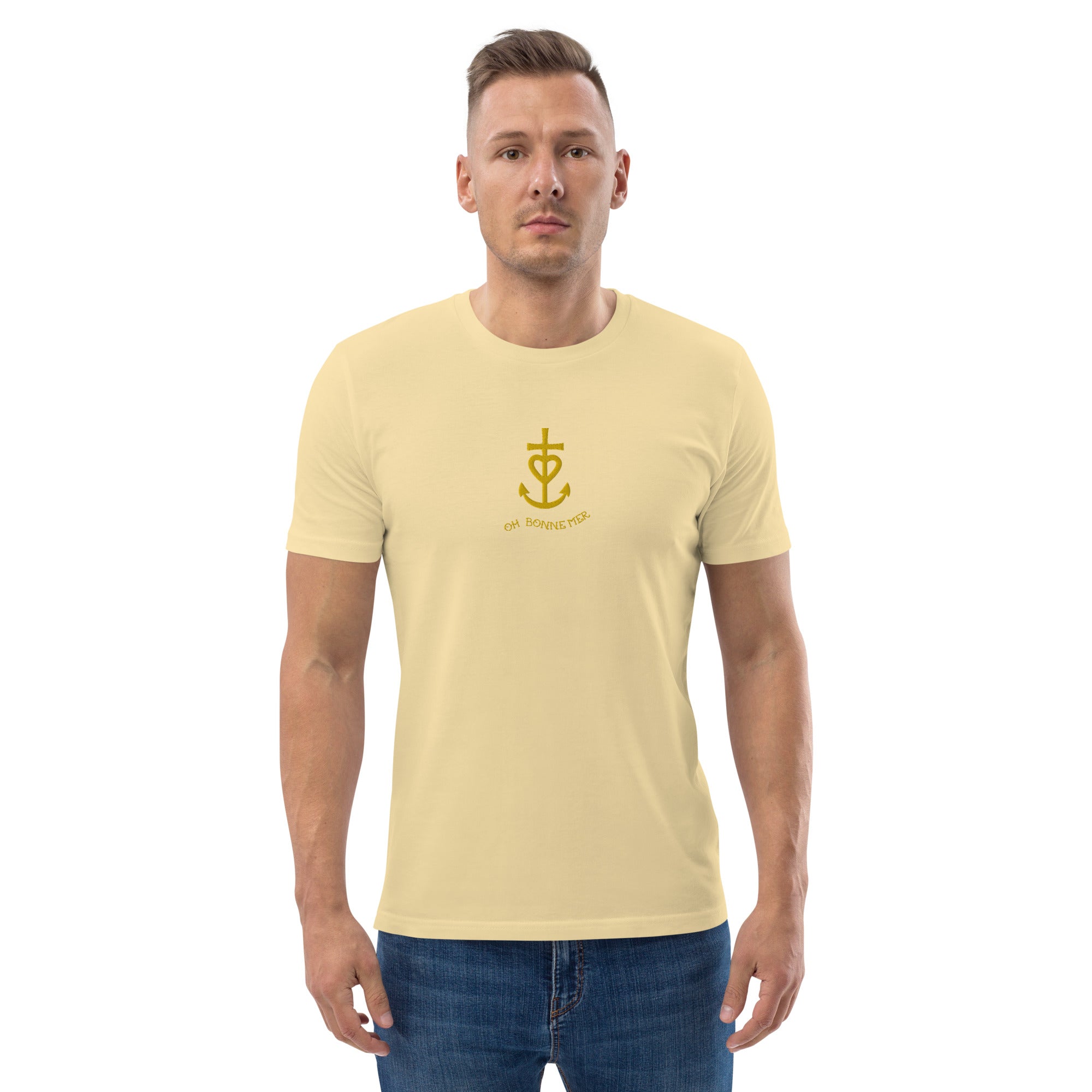 T-shirt unisexe en coton biologique Croix de Camargue dorée Oh Bonne mer brodé sur couleurs vives