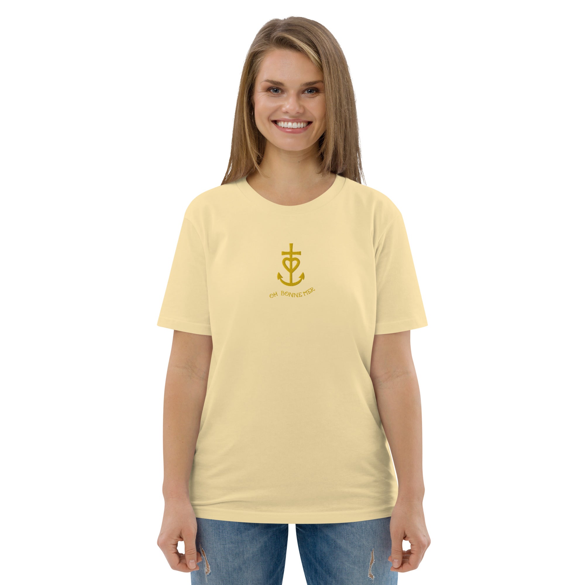 Unisex organic cotton t-shirt Croix de Camargue Gold embroidered pattern on bright colors