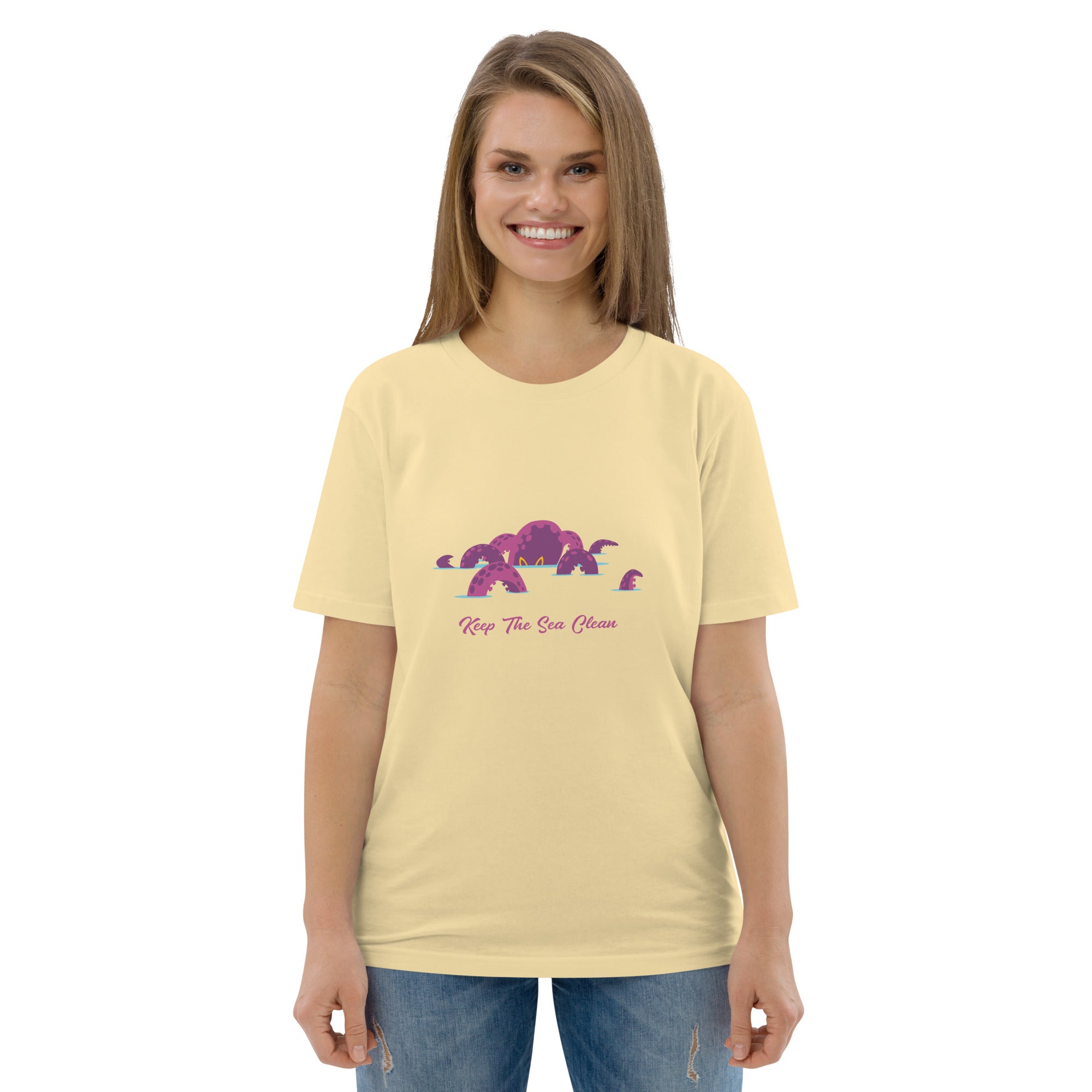 T-shirt unisexe en coton biologique Octopus Purple sur couleurs claires