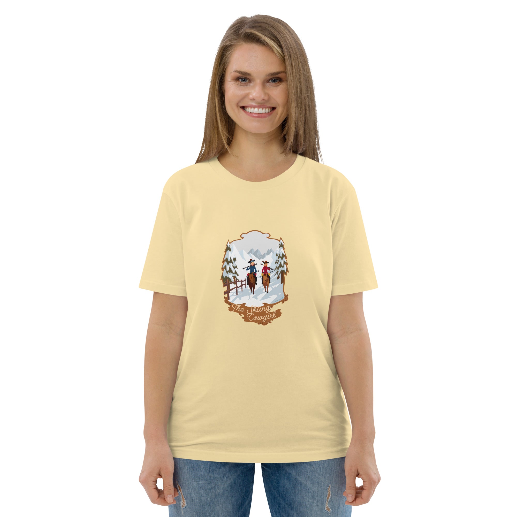Unisex organic cotton t-shirt The Skiing Cowgirl on bright colors