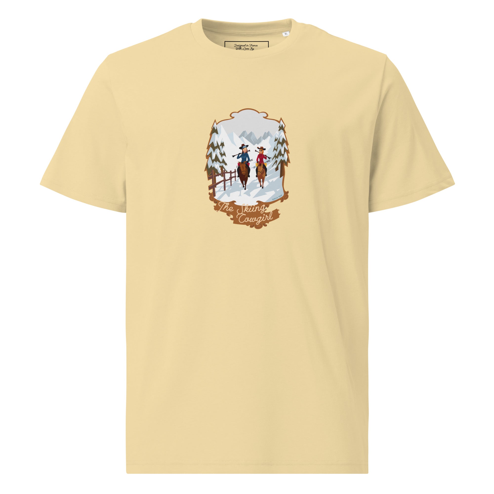 T-shirt unisexe en coton biologique The Skiing Cowgirl sur couleurs vives