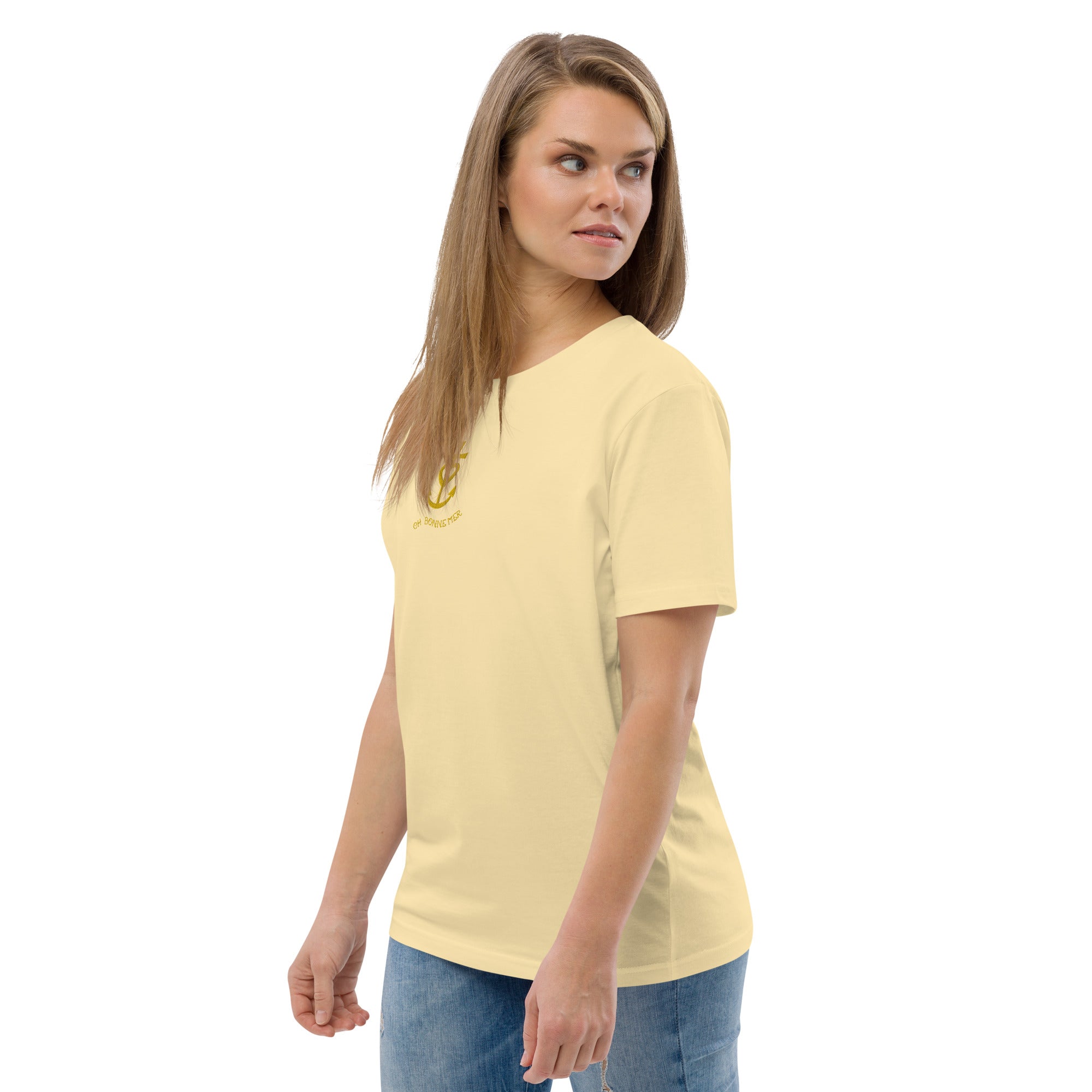 Unisex organic cotton t-shirt Croix de Camargue Gold embroidered pattern on bright colors