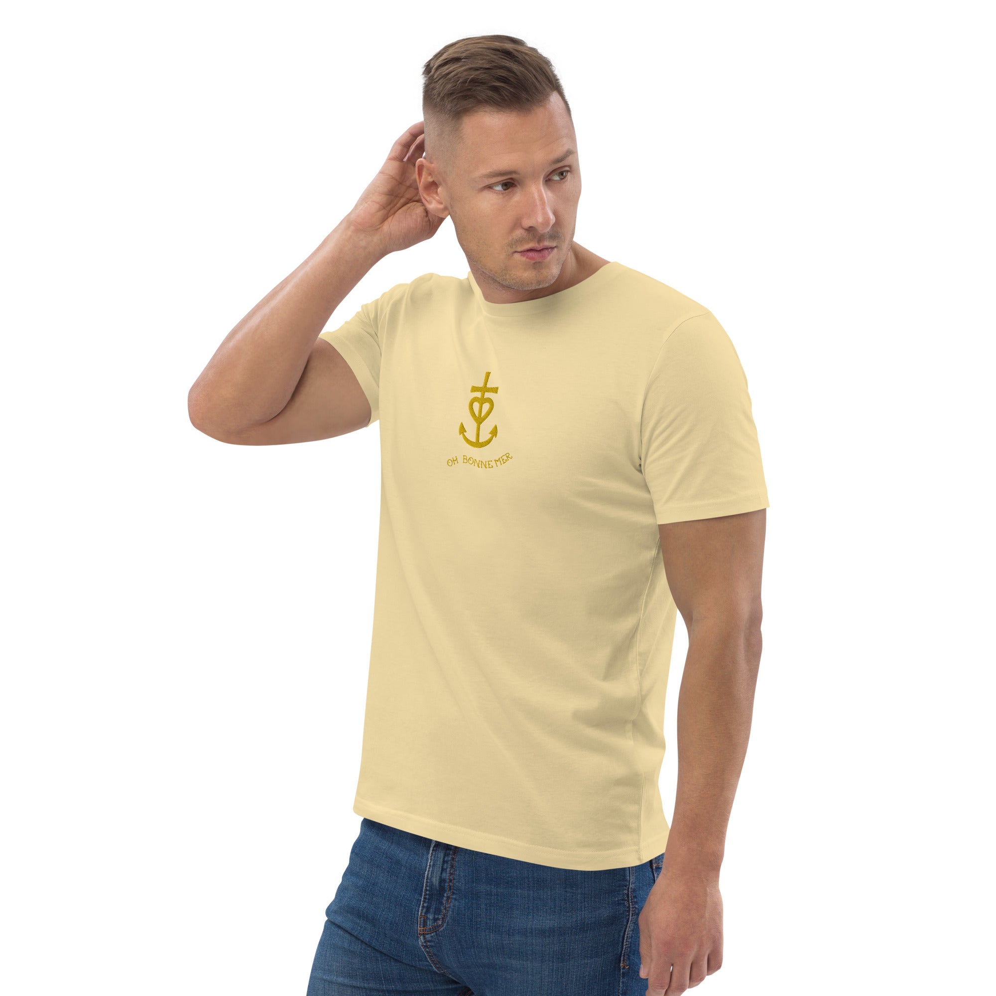 Unisex organic cotton t-shirt Croix de Camargue Gold embroidered pattern on bright colors