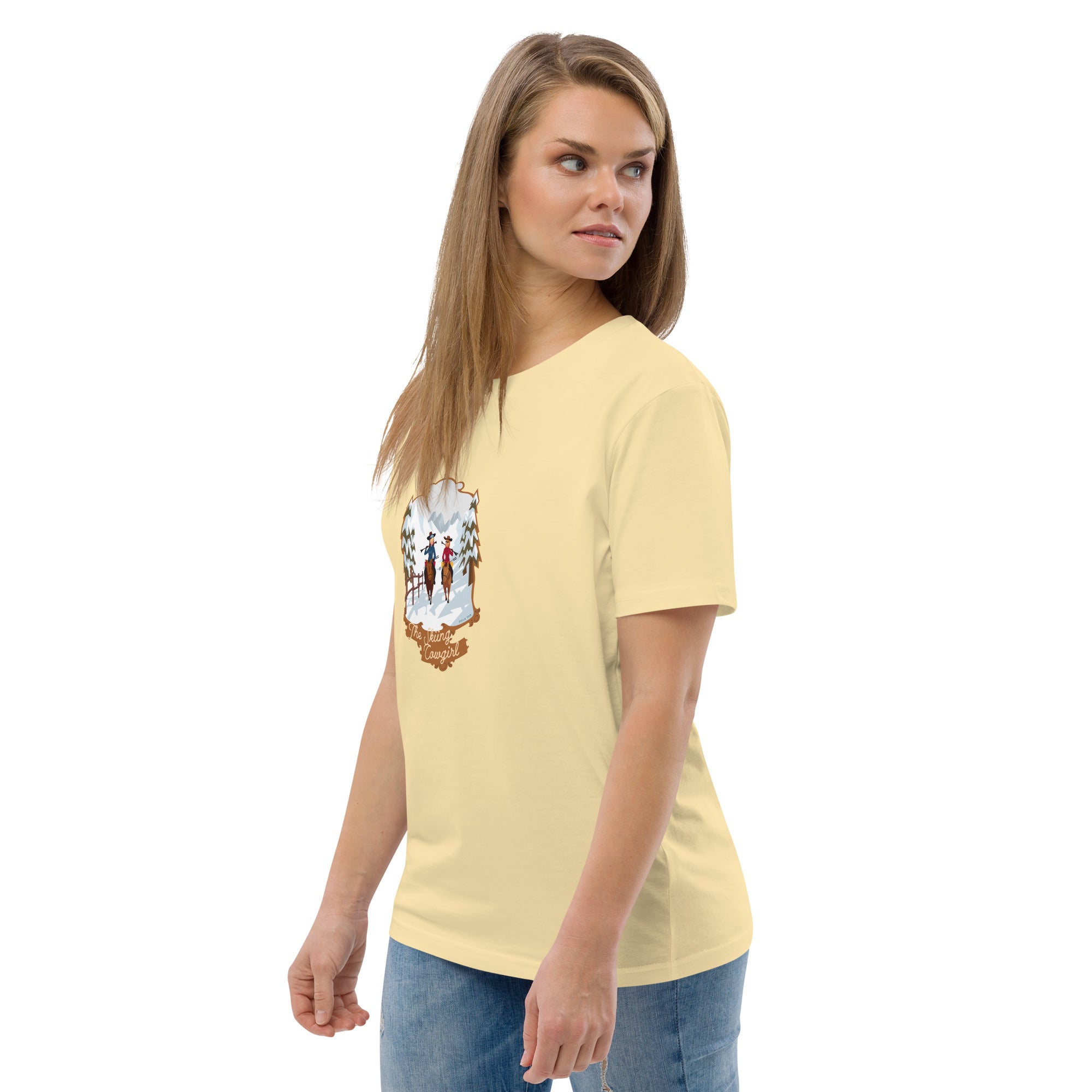 T-shirt unisexe en coton biologique The Skiing Cowgirl sur couleurs vives