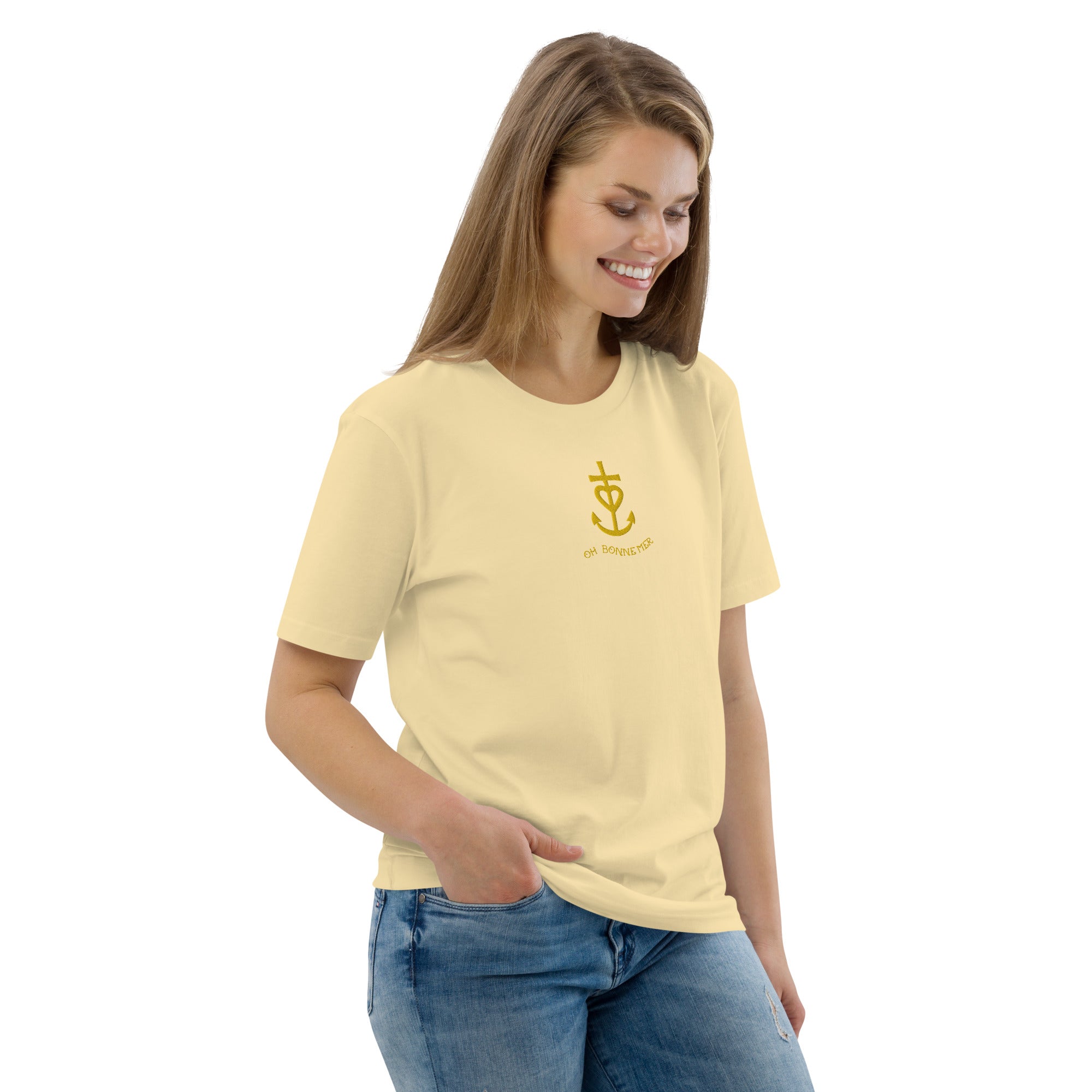 Unisex organic cotton t-shirt Croix de Camargue Gold embroidered pattern on bright colors