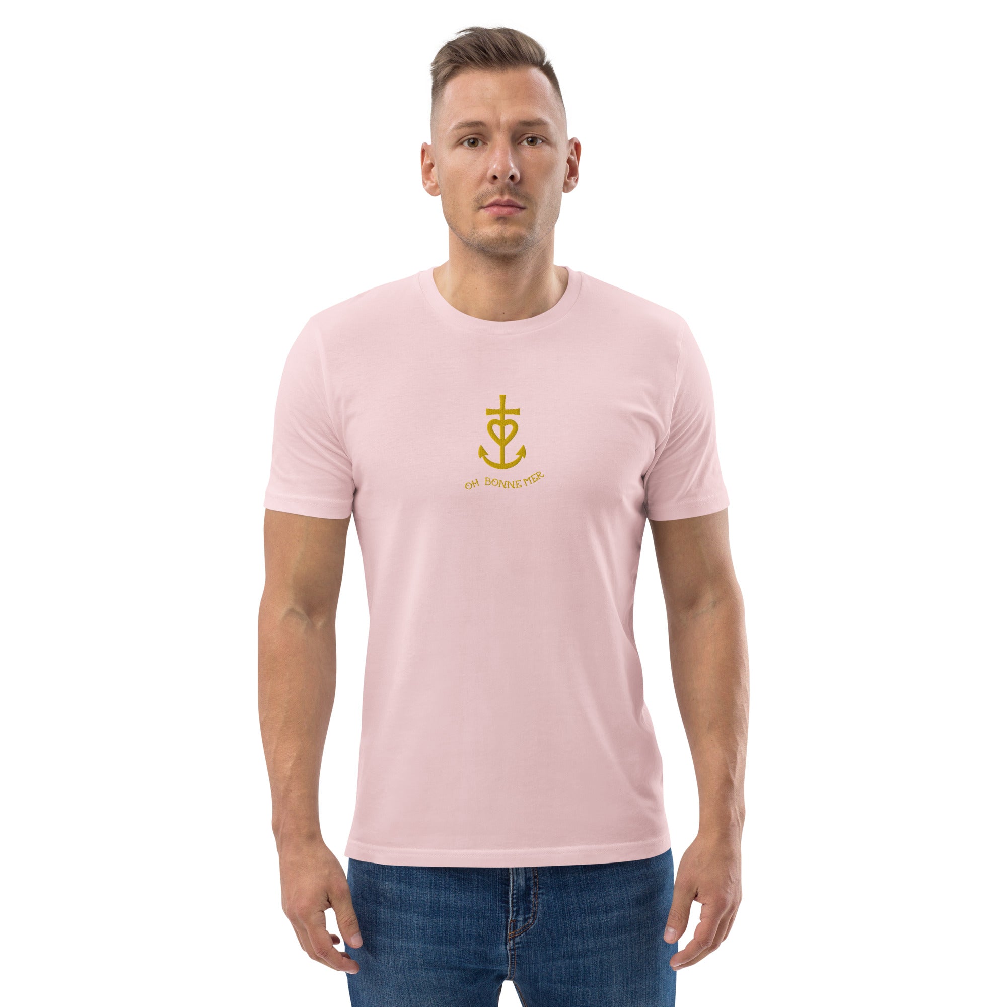 Unisex organic cotton t-shirt Croix de Camargue Gold embroidered pattern on light colors