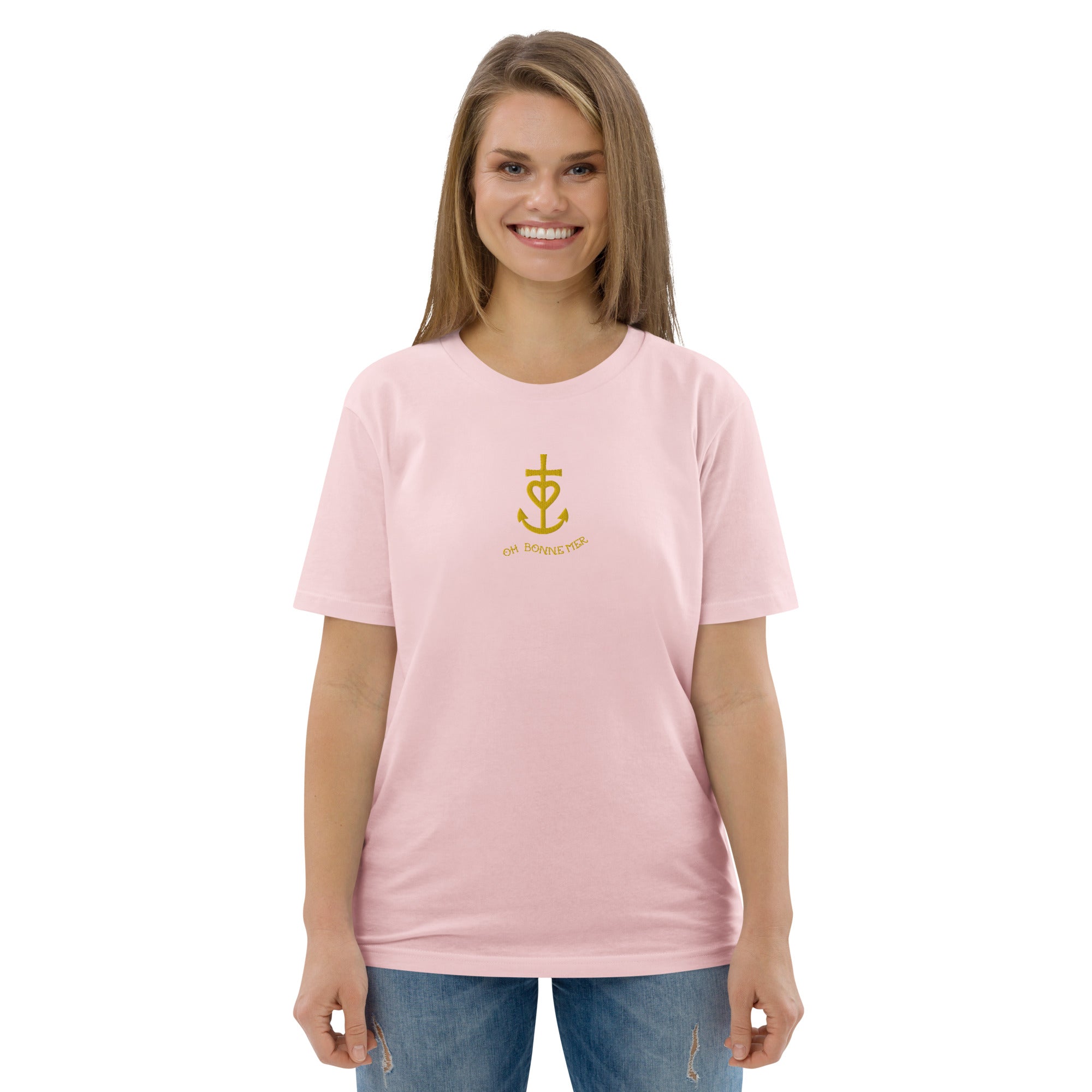 Unisex organic cotton t-shirt Croix de Camargue Gold embroidered pattern on light colors