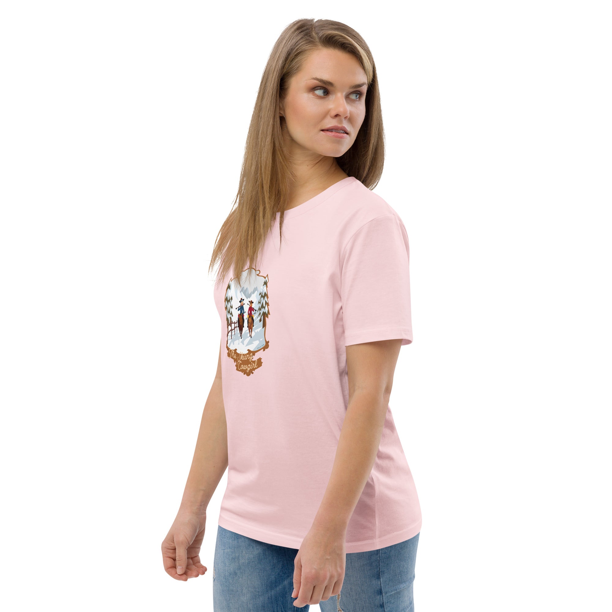 T-shirt unisexe en coton biologique The Skiing Cowgirl sur couleurs claires