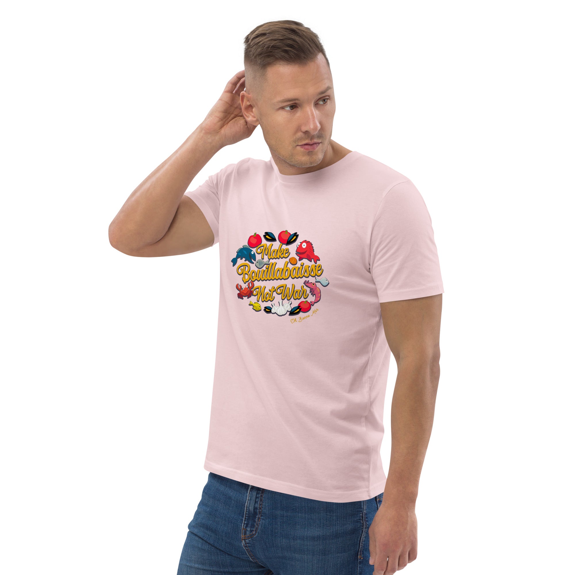 T-shirt unisexe en coton biologique Make Bouillabaisse Not War sur couleurs claires