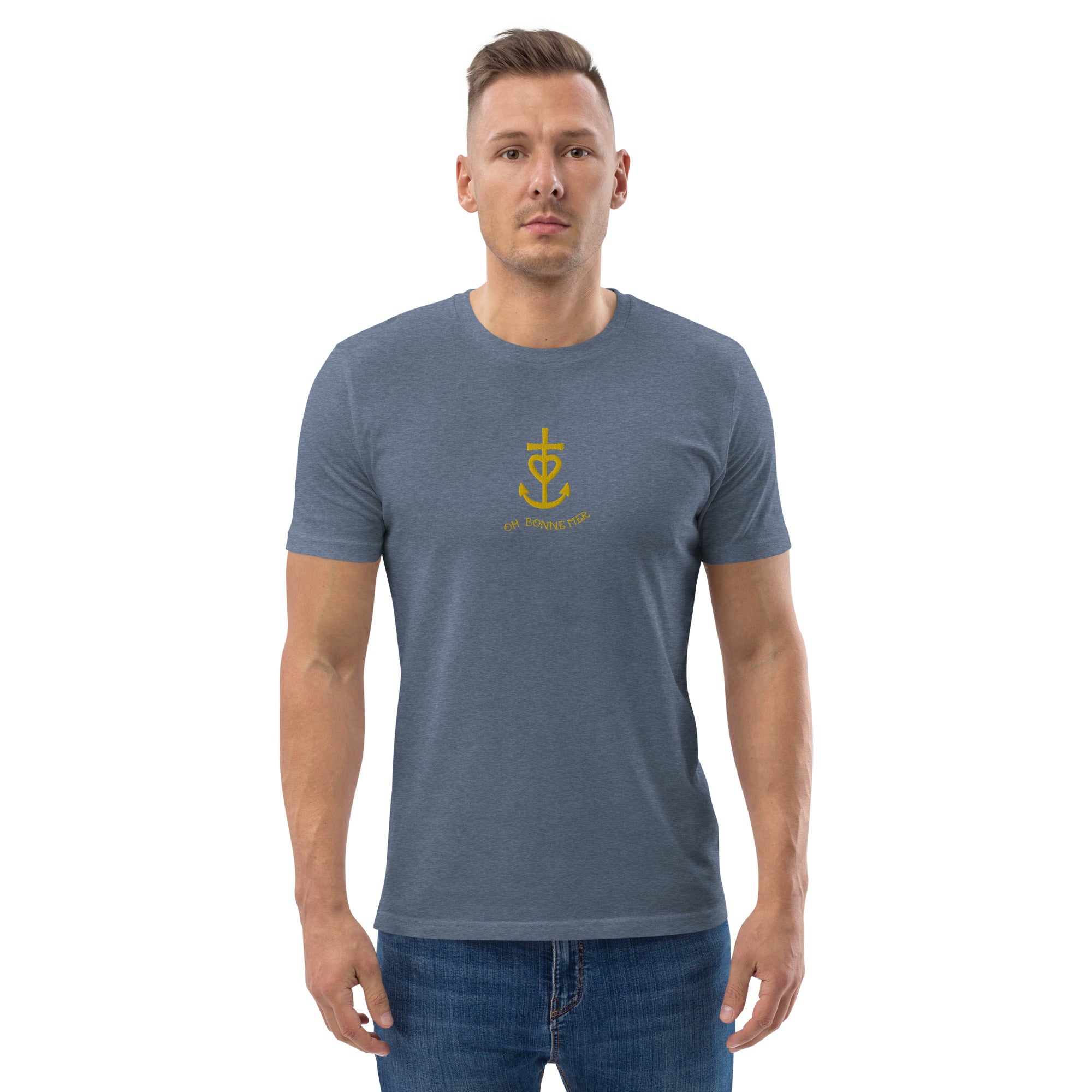 Unisex organic cotton t-shirt Croix de Camargue Gold embroidered pattern on dark colors