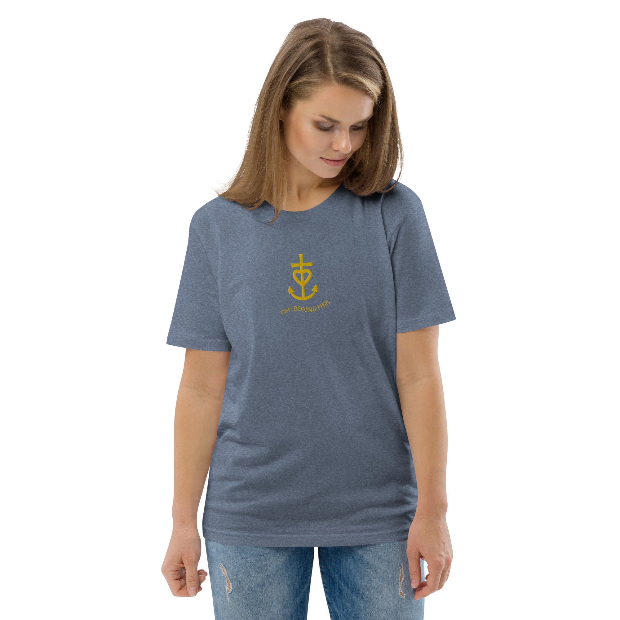 Unisex organic cotton t-shirt Croix de Camargue Gold embroidered pattern on dark colors