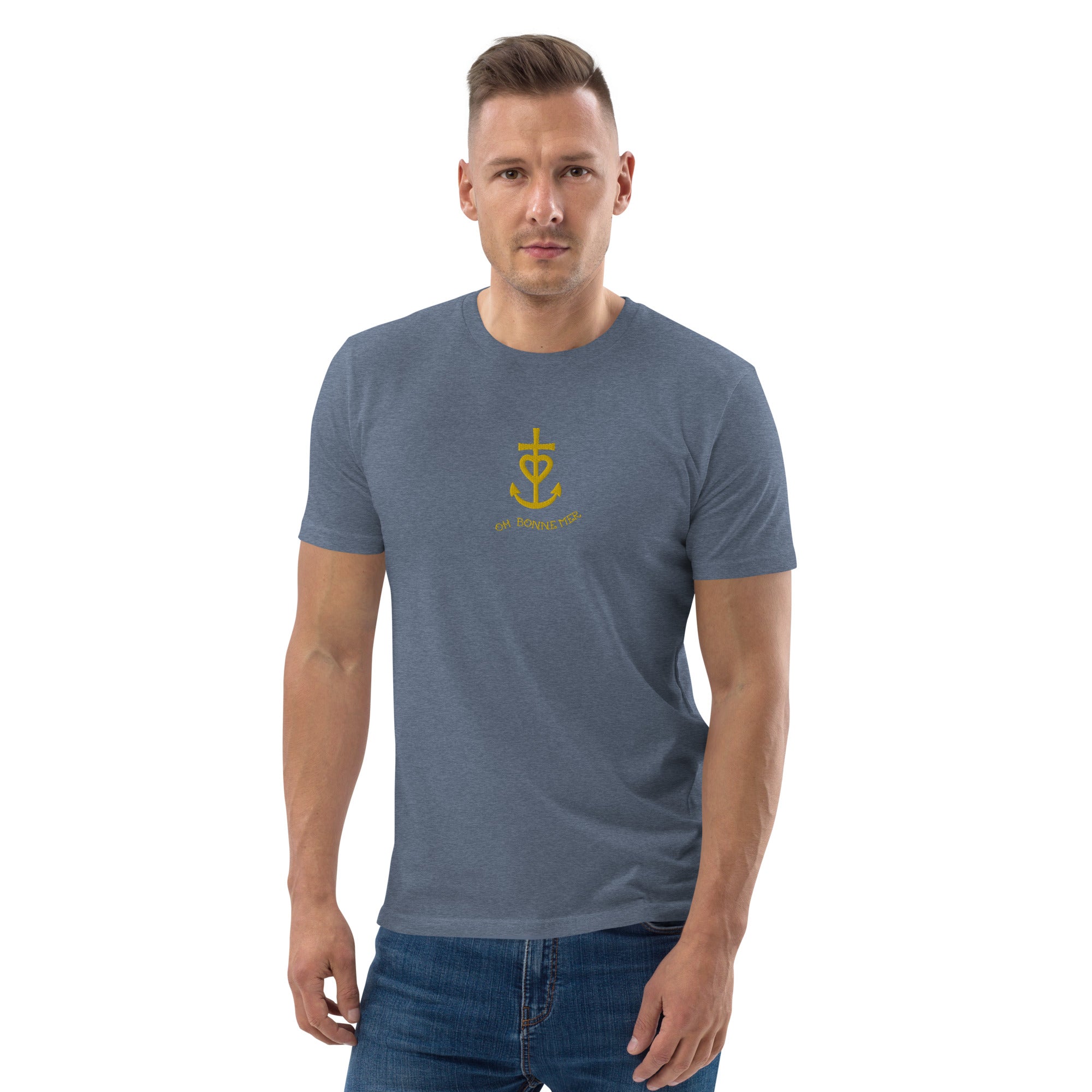 Unisex organic cotton t-shirt Croix de Camargue Gold embroidered pattern on dark colors