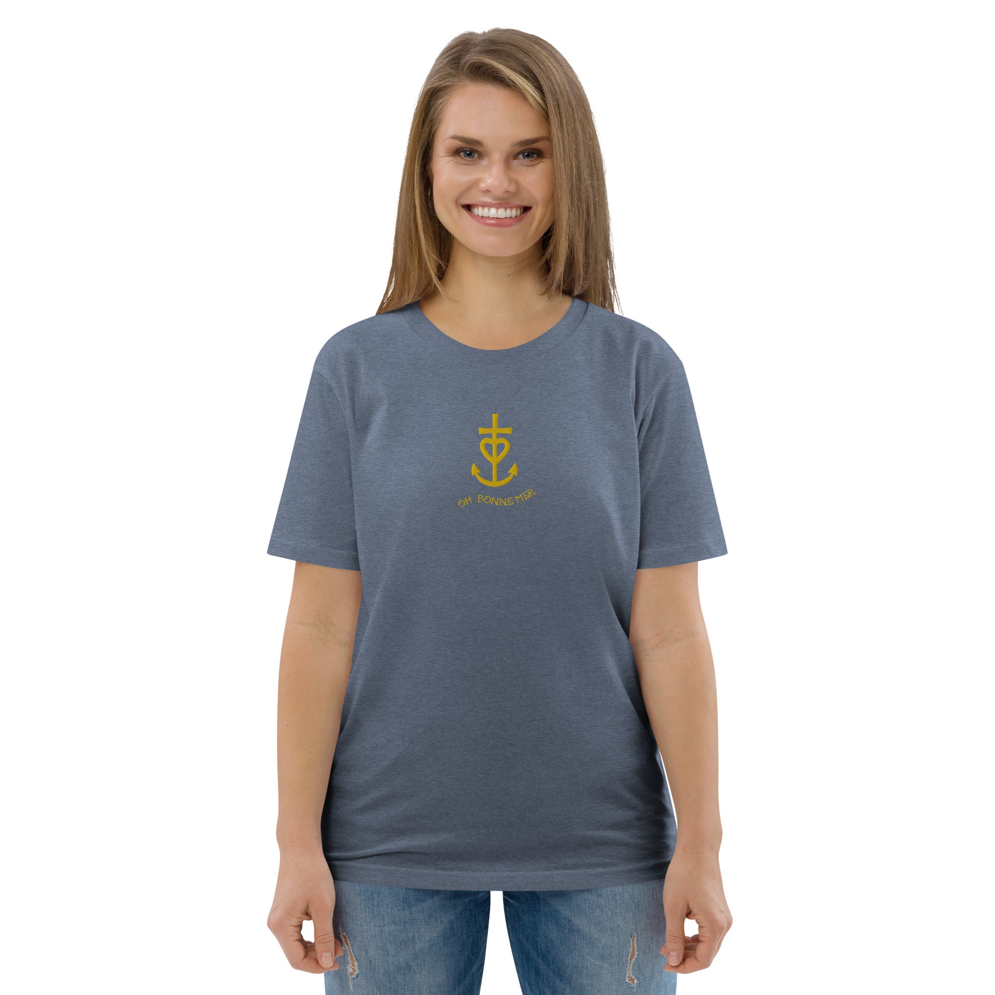 Unisex organic cotton t-shirt Croix de Camargue Gold embroidered pattern on dark colors