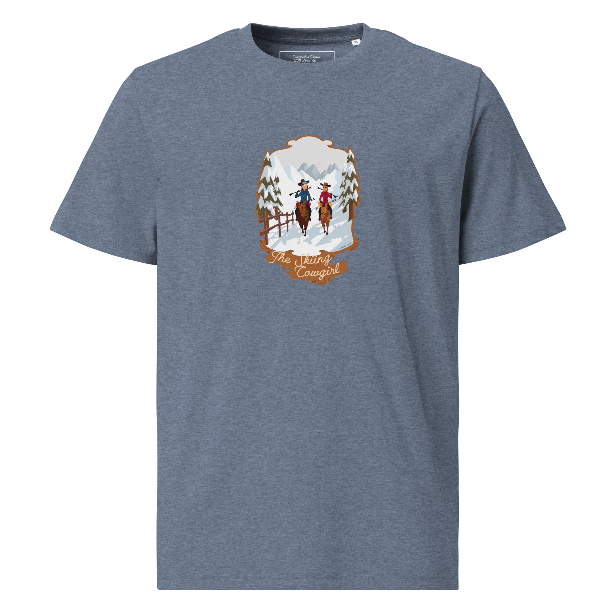 T-shirt unisexe en coton biologique The Skiing Cowgirl sur couleurs foncées