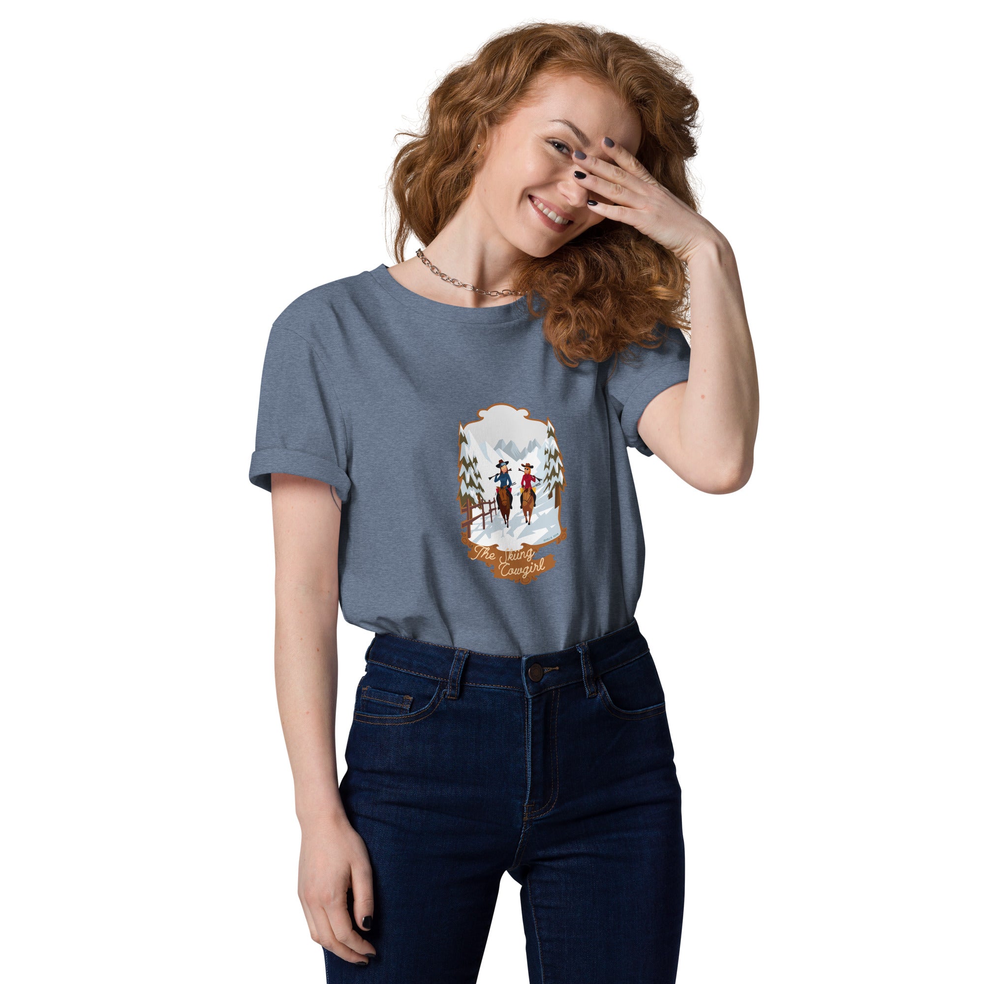 T-shirt unisexe en coton biologique The Skiing Cowgirl sur couleurs foncées