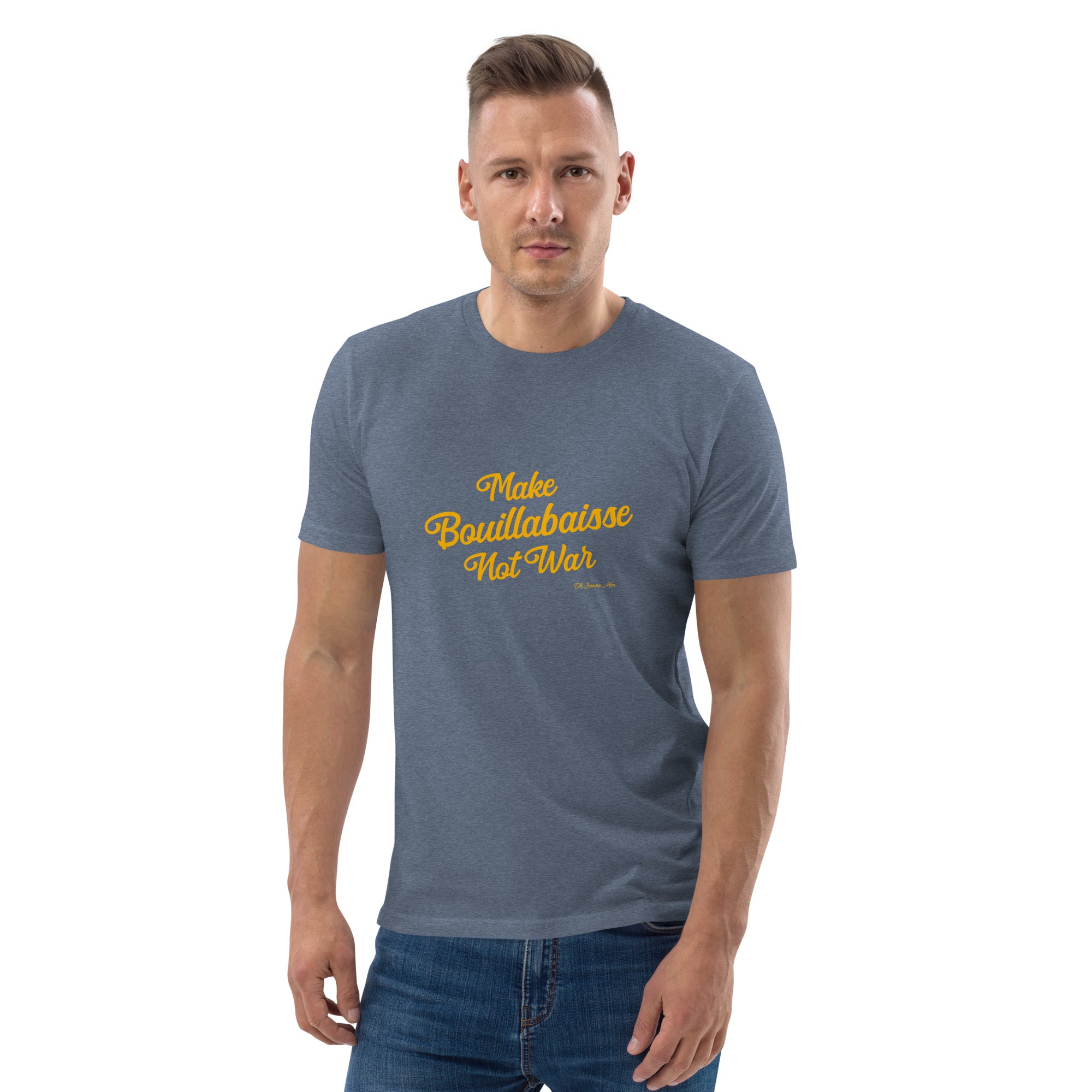 T-shirt unisexe en coton biologique Make Bouillabaisse Not War Gold sur couleurs foncées