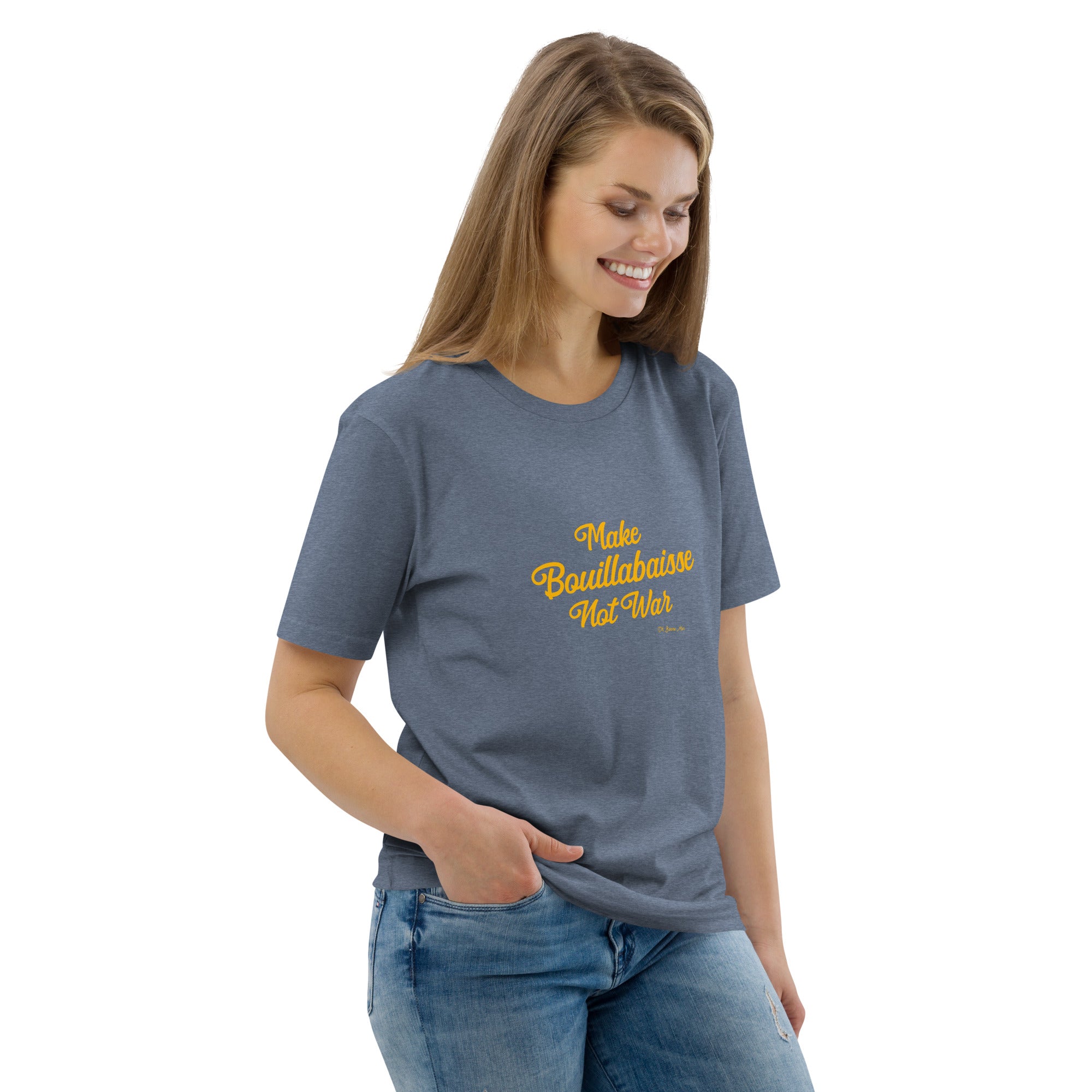 T-shirt unisexe en coton biologique Make Bouillabaisse Not War Gold sur couleurs foncées