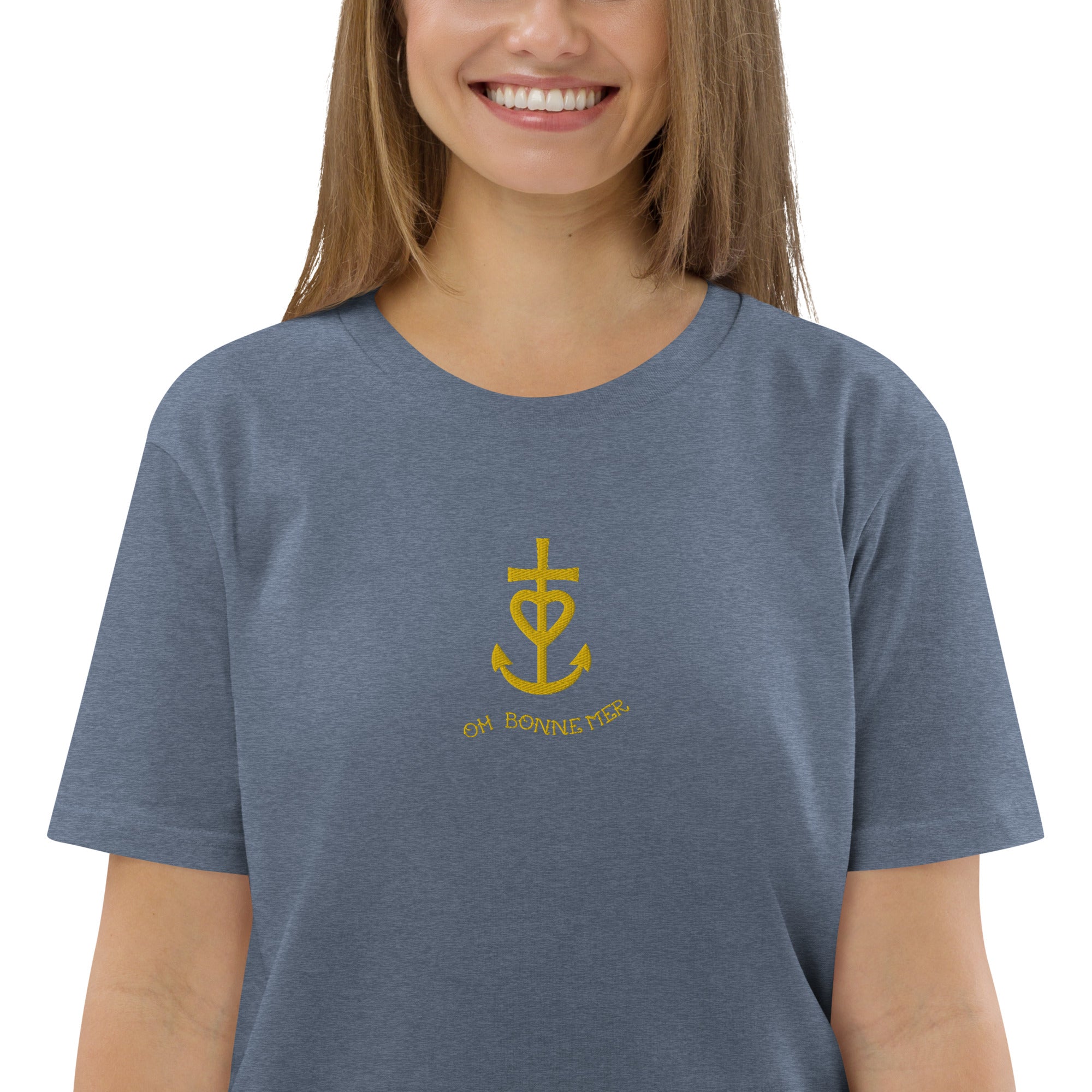 Unisex organic cotton t-shirt Croix de Camargue Gold embroidered pattern on dark colors