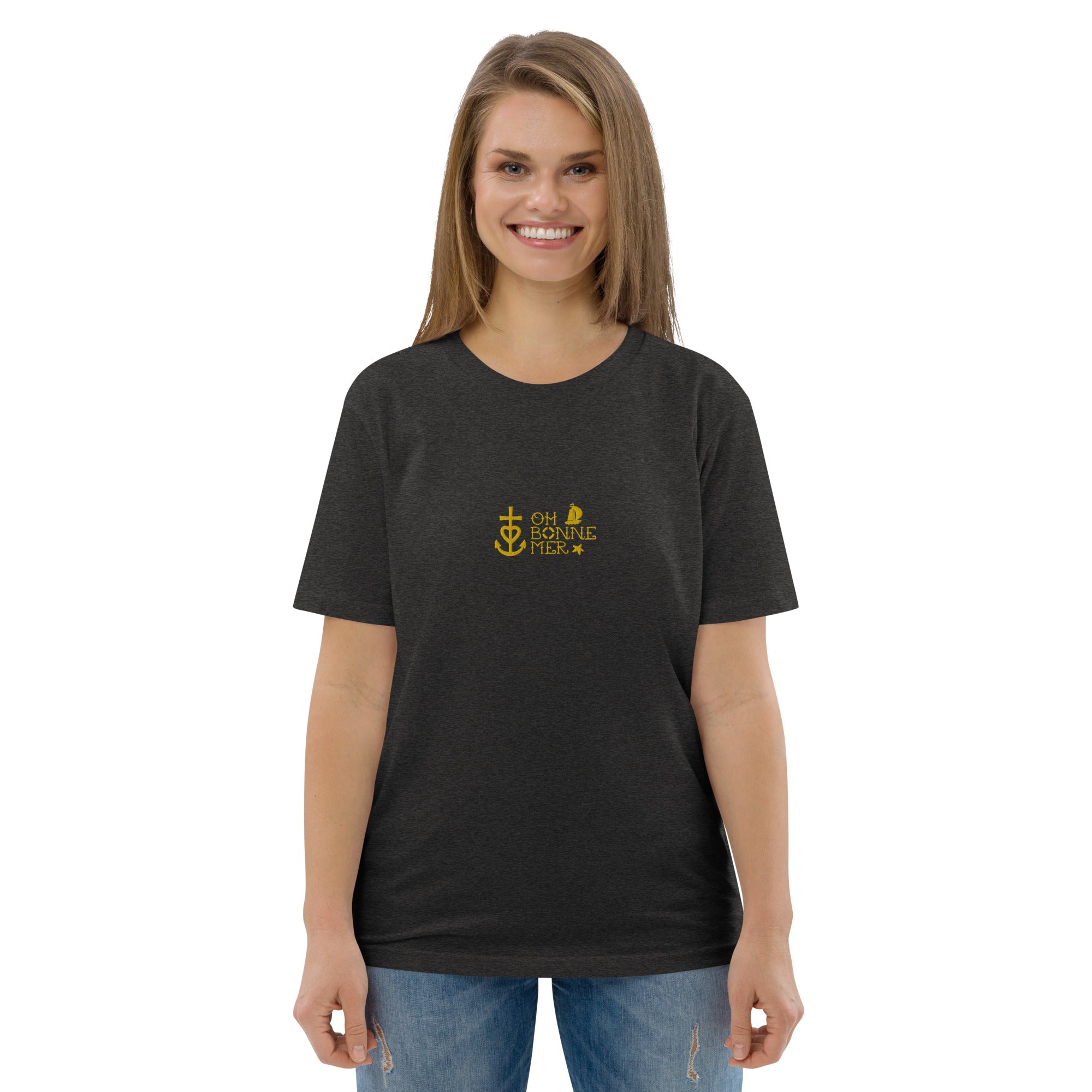 Unisex organic cotton t-shirt Oh Bonne Mer 2 embroidered pattern on dark colors