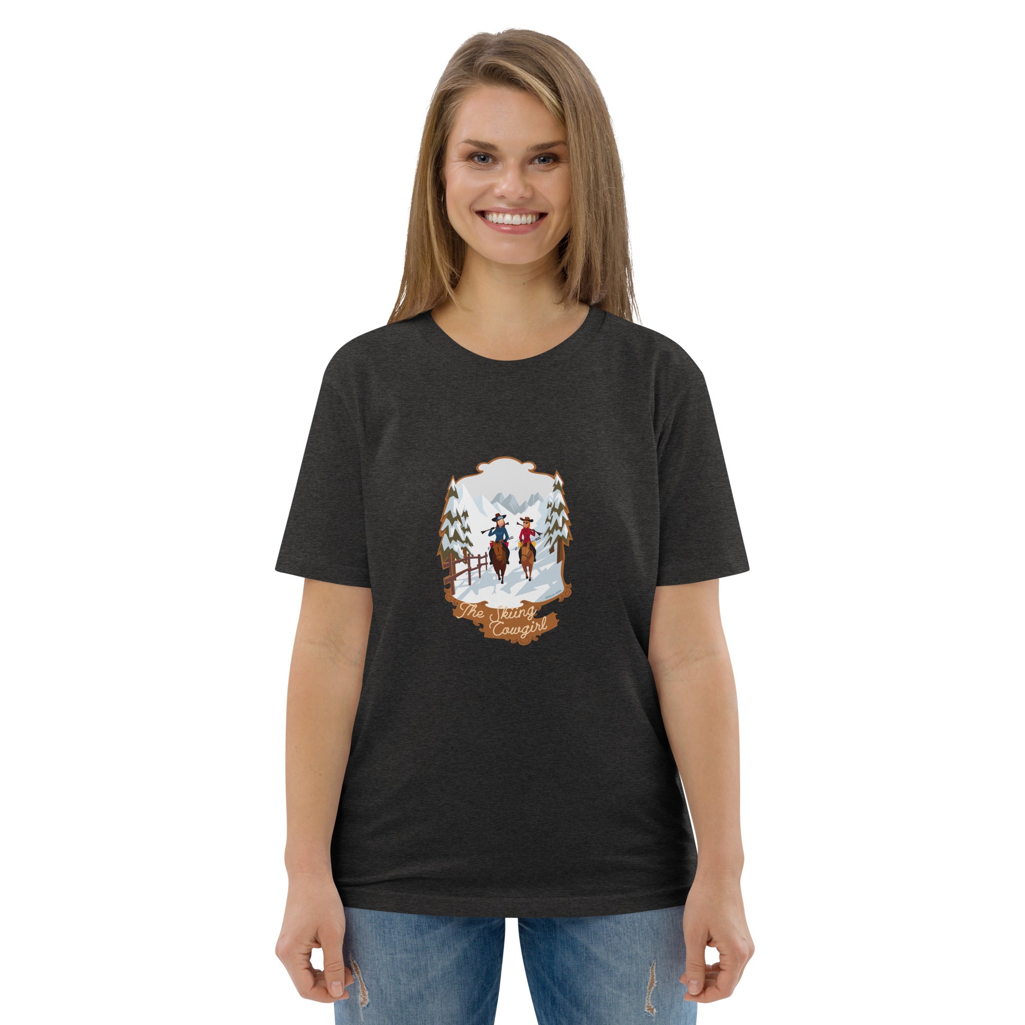 T-shirt unisexe en coton biologique The Skiing Cowgirl sur couleurs foncées