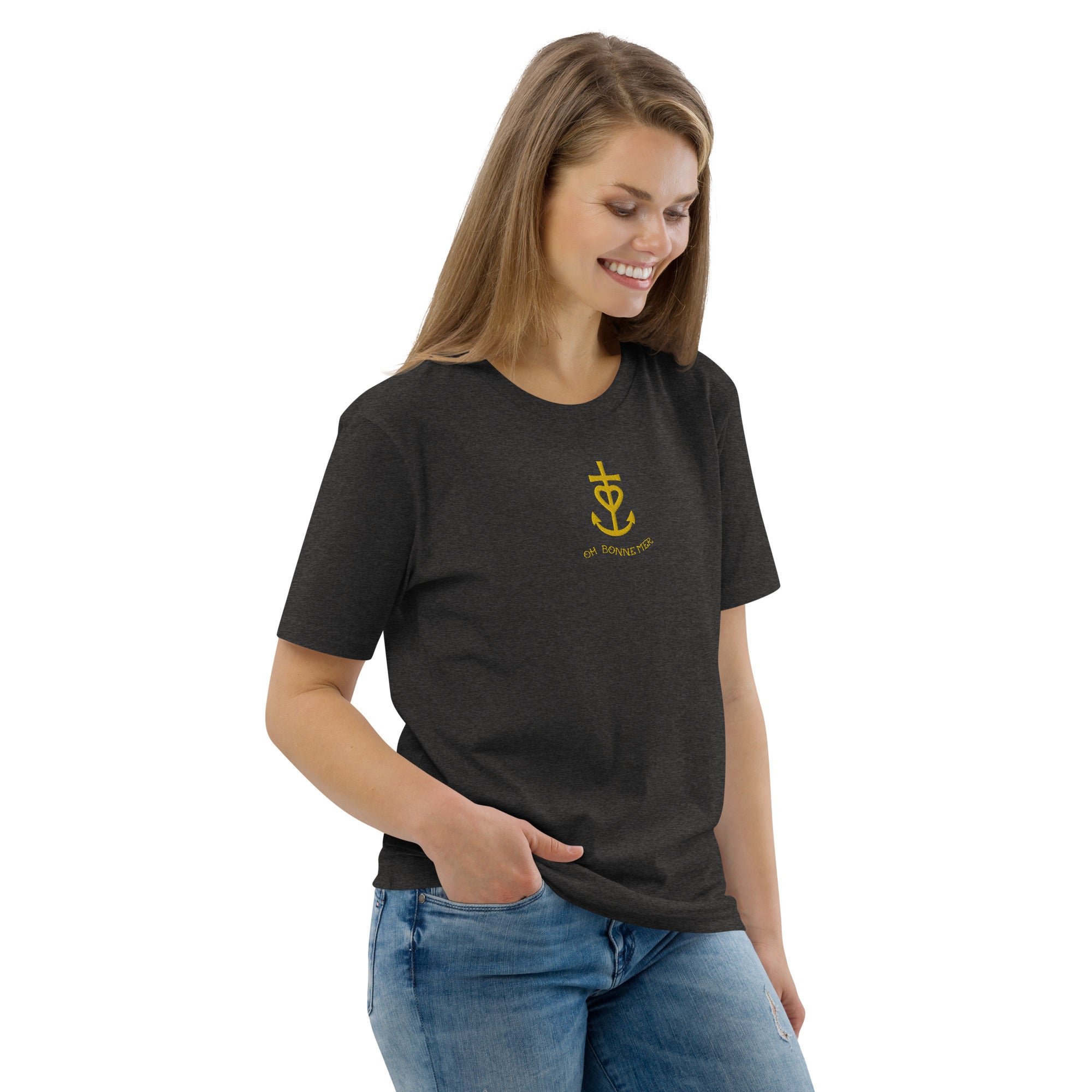 Unisex organic cotton t-shirt Croix de Camargue Gold embroidered pattern on dark colors