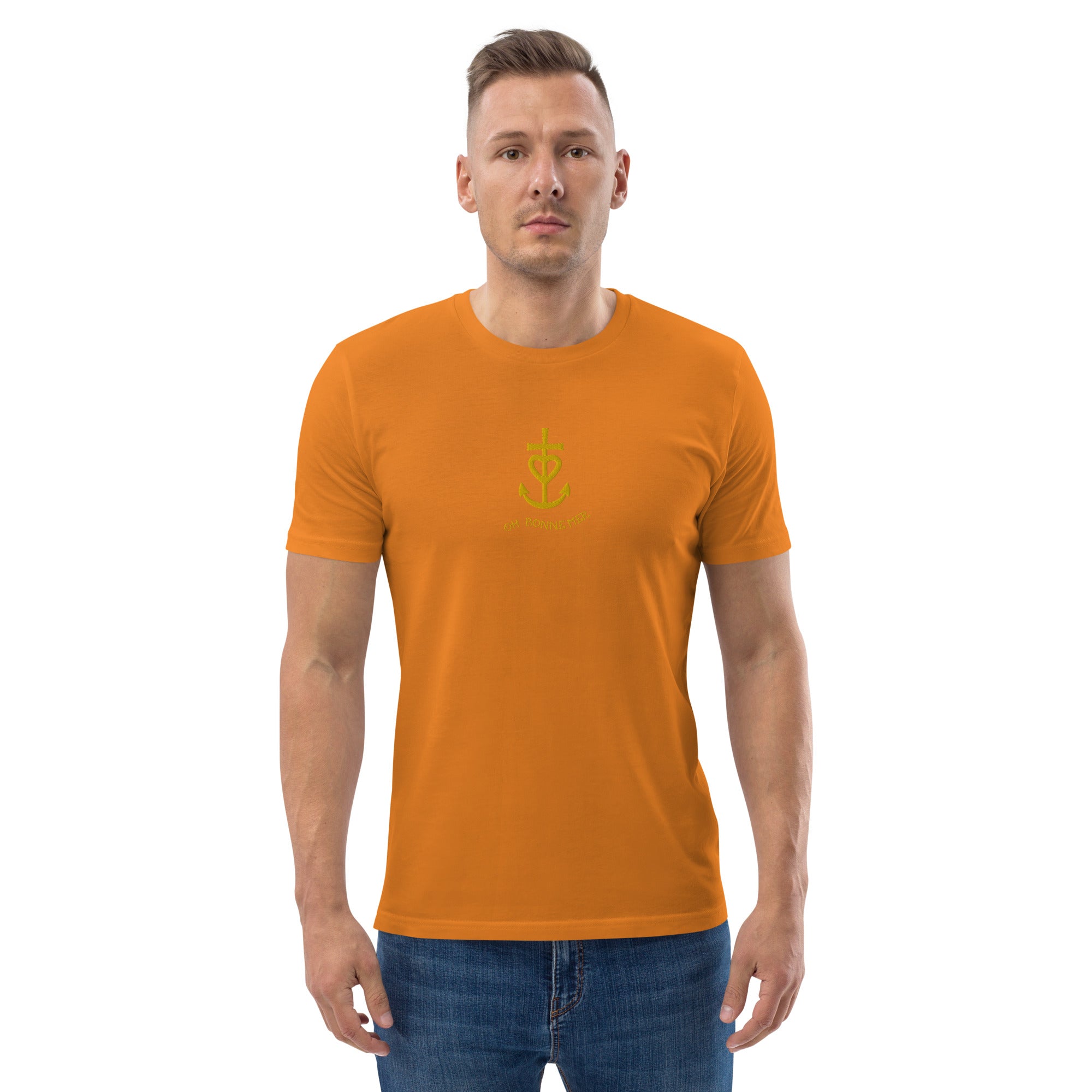 T-shirt unisexe en coton biologique Croix de Camargue dorée Oh Bonne mer brodé sur couleurs vives