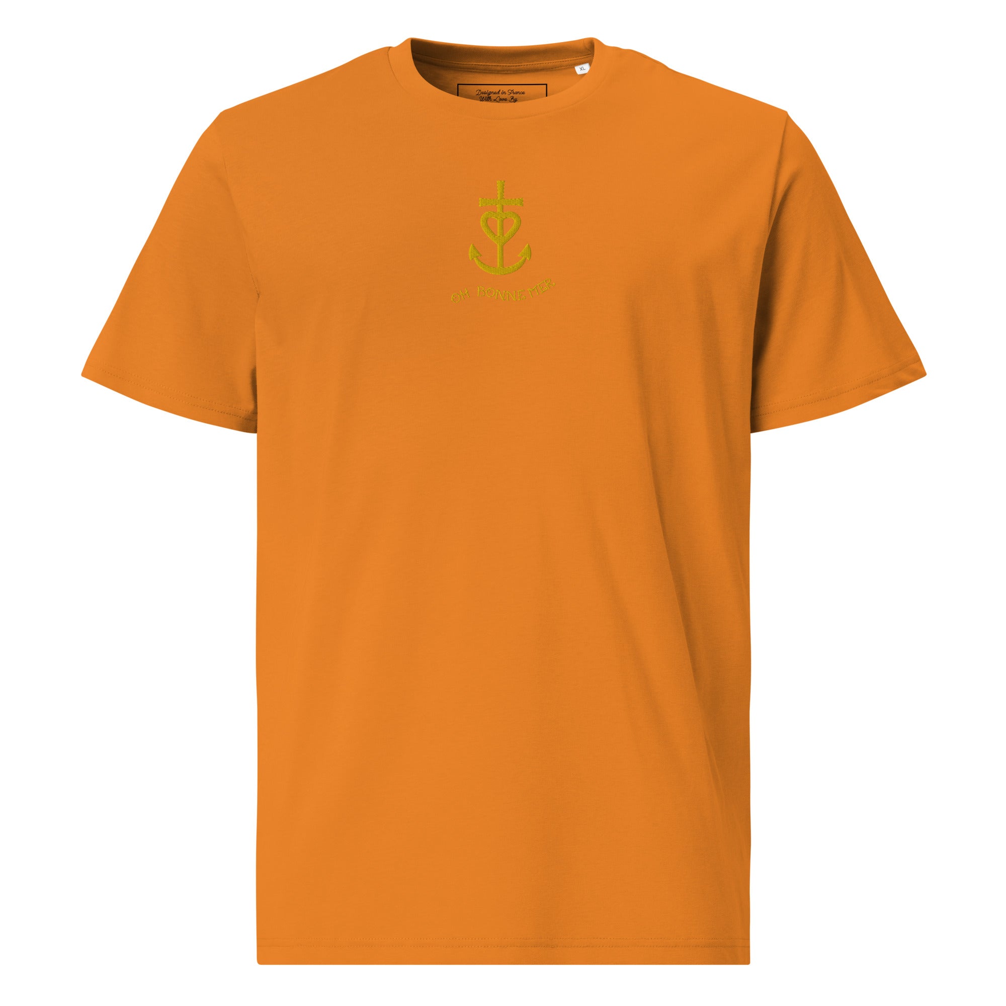 Unisex organic cotton t-shirt Croix de Camargue Gold embroidered pattern on bright colors