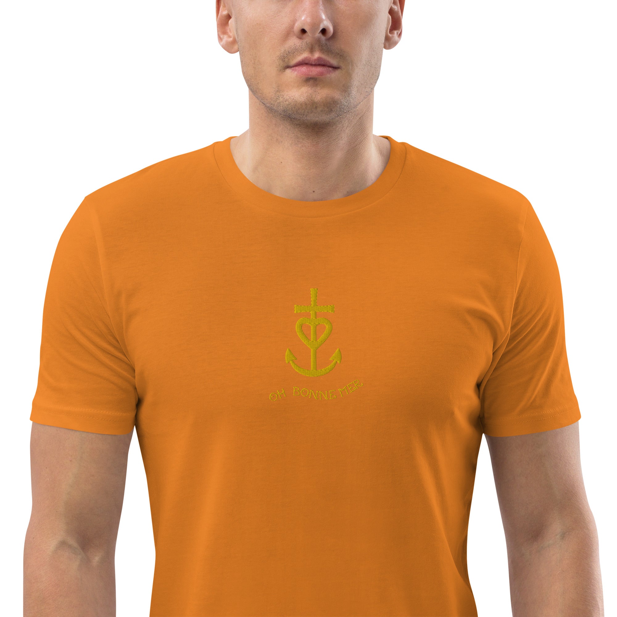 Unisex organic cotton t-shirt Croix de Camargue Gold embroidered pattern on bright colors