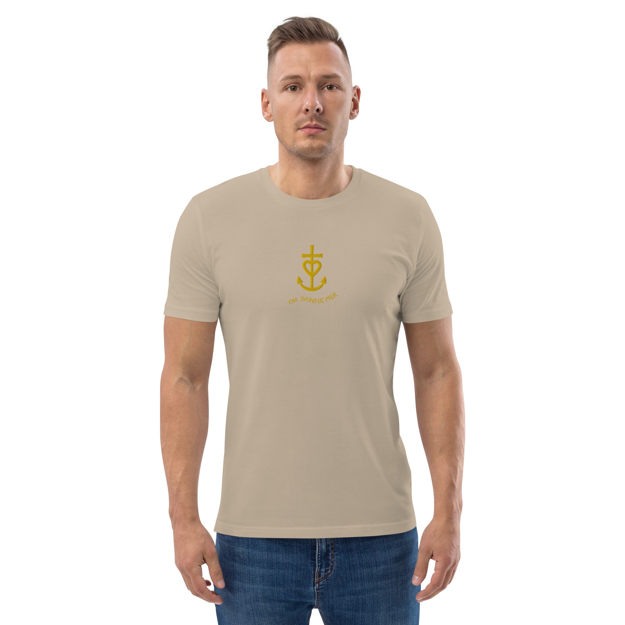 Unisex organic cotton t-shirt Croix de Camargue Gold embroidered pattern on light colors