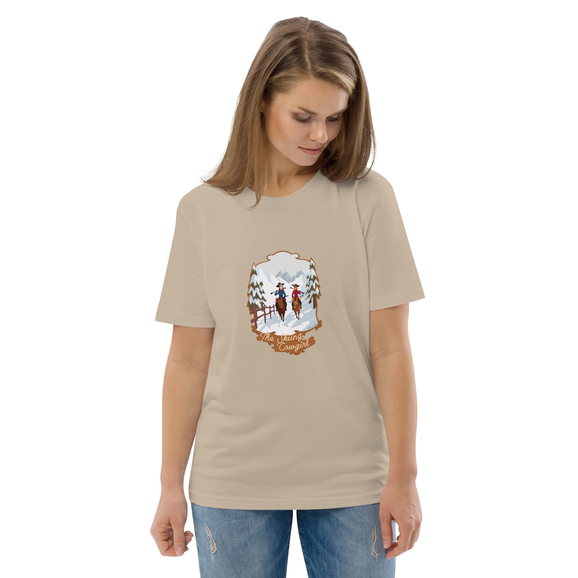 Unisex organic cotton t-shirt The Skiing Cowgirl on light colors