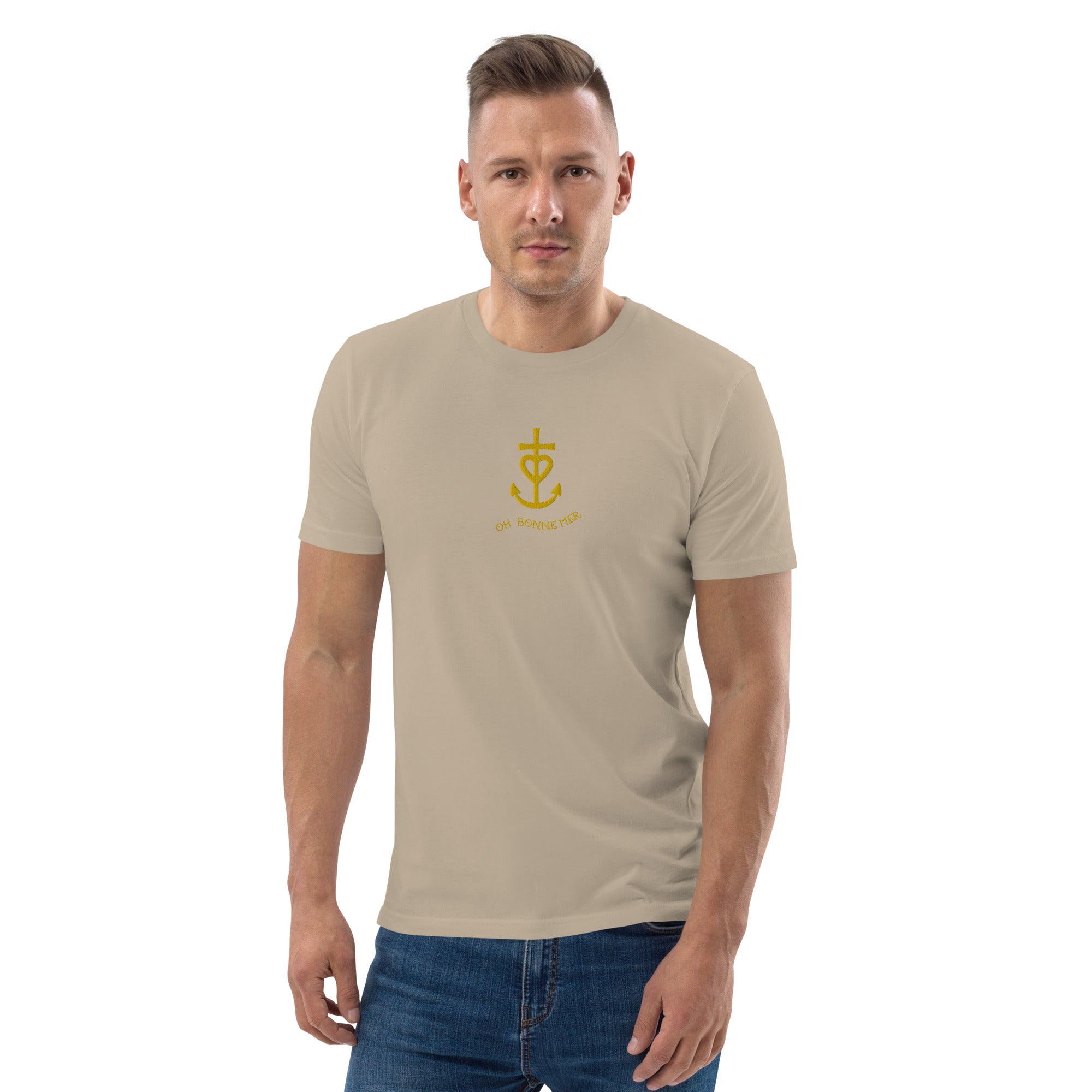 Unisex organic cotton t-shirt Croix de Camargue Gold embroidered pattern on light colors