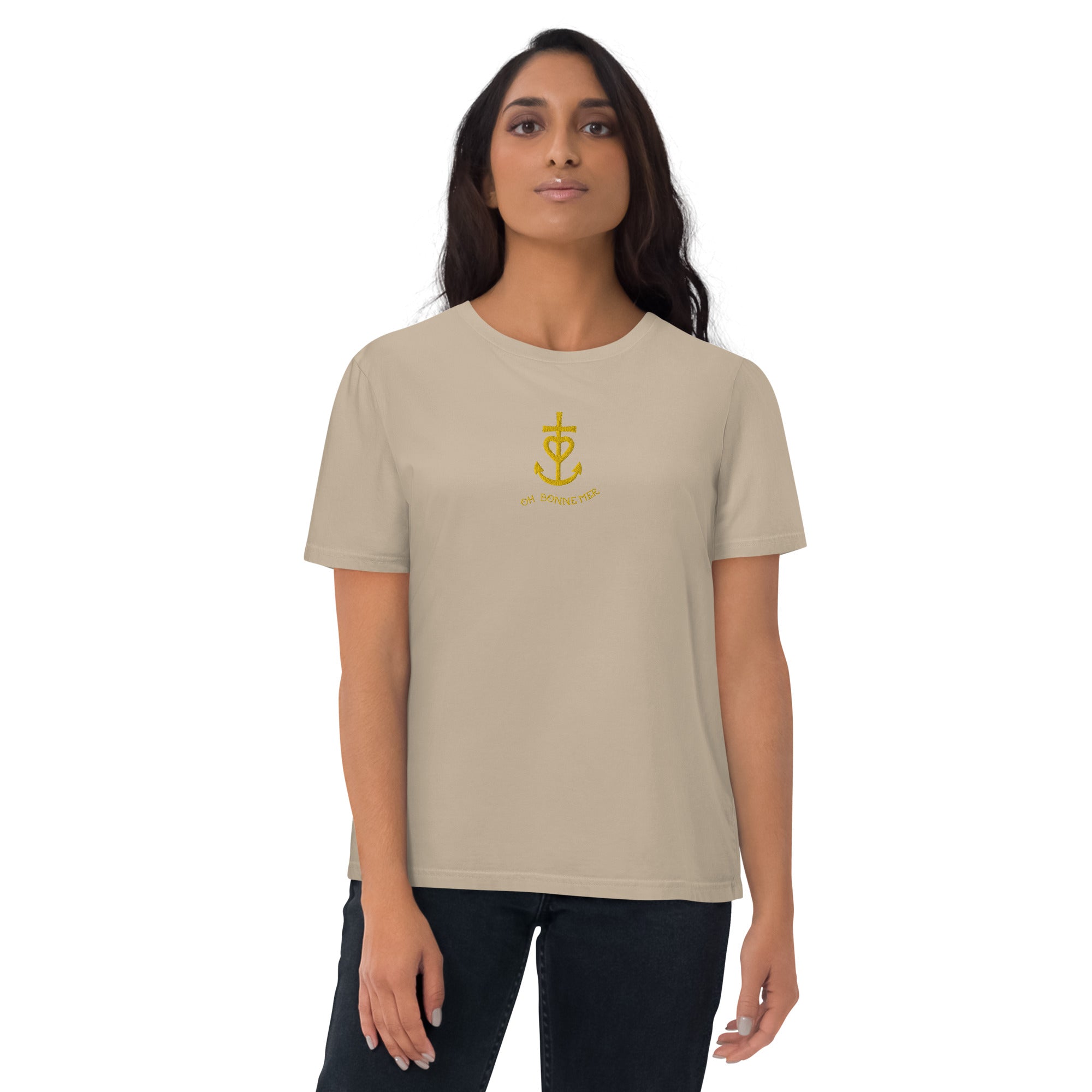 T-shirt unisexe en coton biologique Croix de Camargue dorée Oh Bonne mer brodé sur couleurs claires