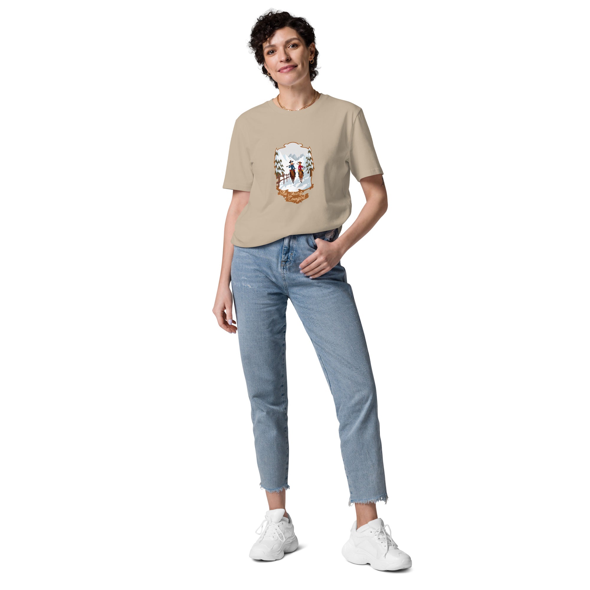 T-shirt unisexe en coton biologique The Skiing Cowgirl sur couleurs claires