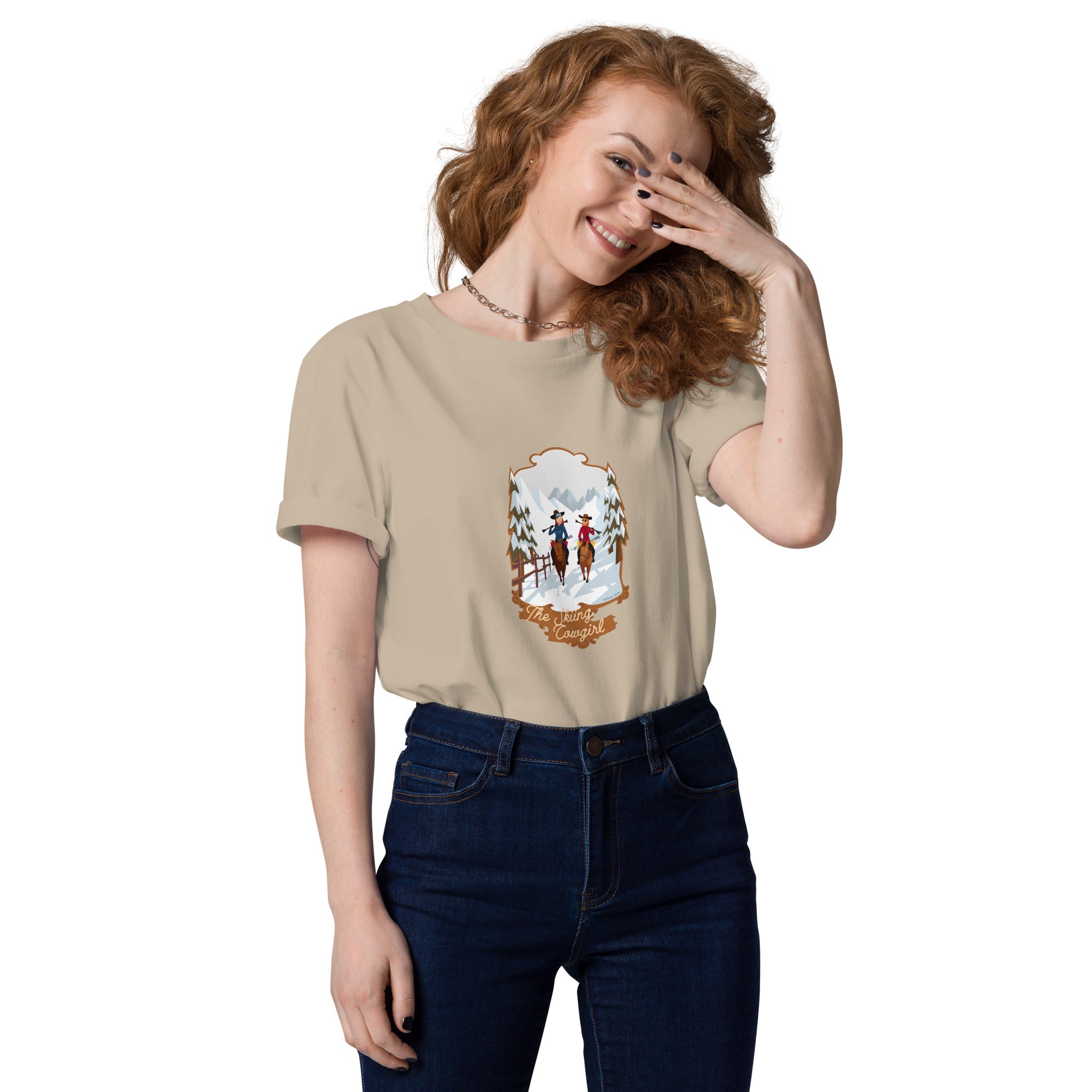 T-shirt unisexe en coton biologique The Skiing Cowgirl sur couleurs claires