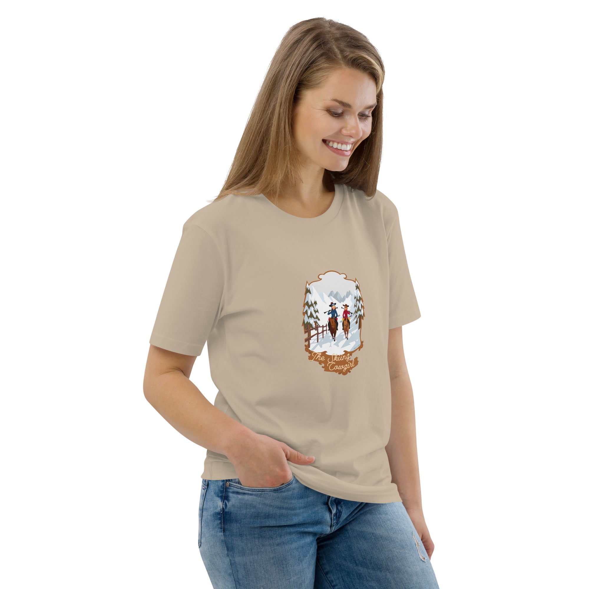 T-shirt unisexe en coton biologique The Skiing Cowgirl sur couleurs claires