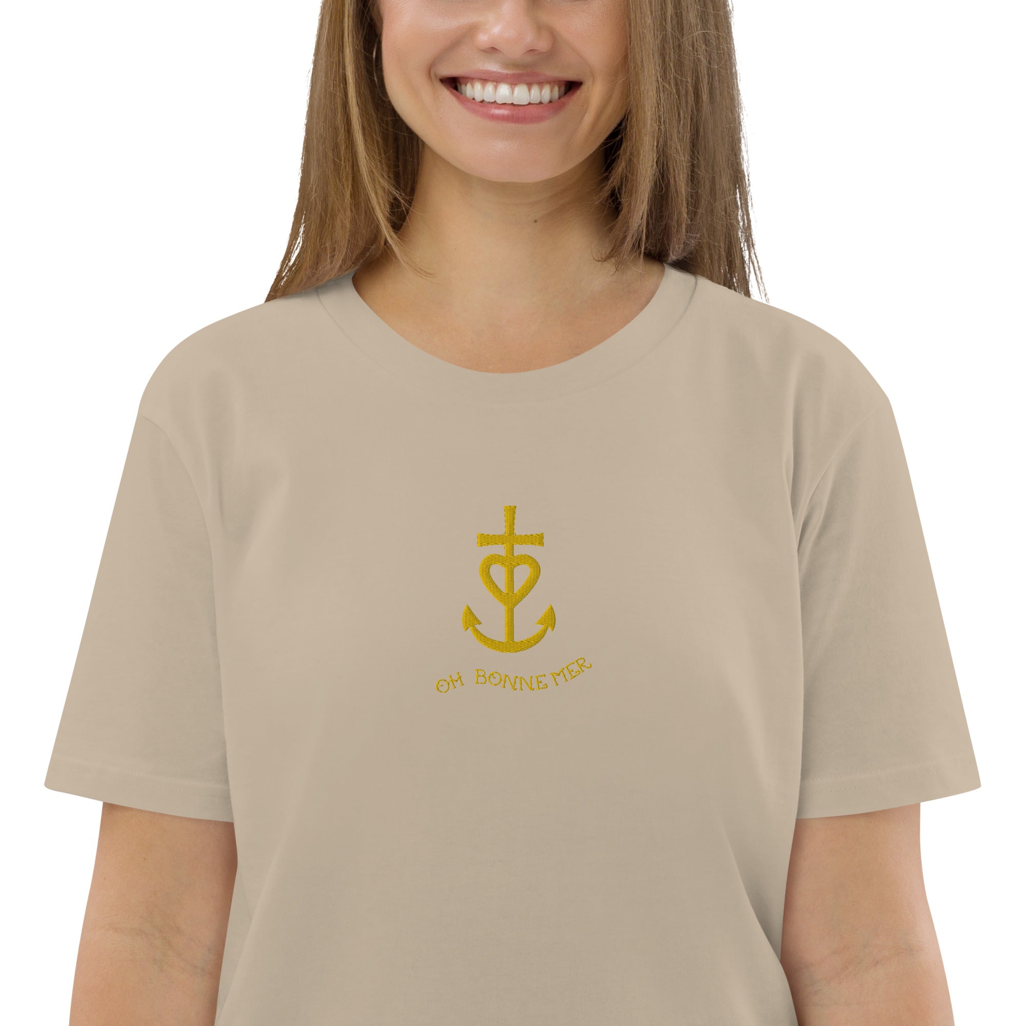 Unisex organic cotton t-shirt Croix de Camargue Gold embroidered pattern on light colors