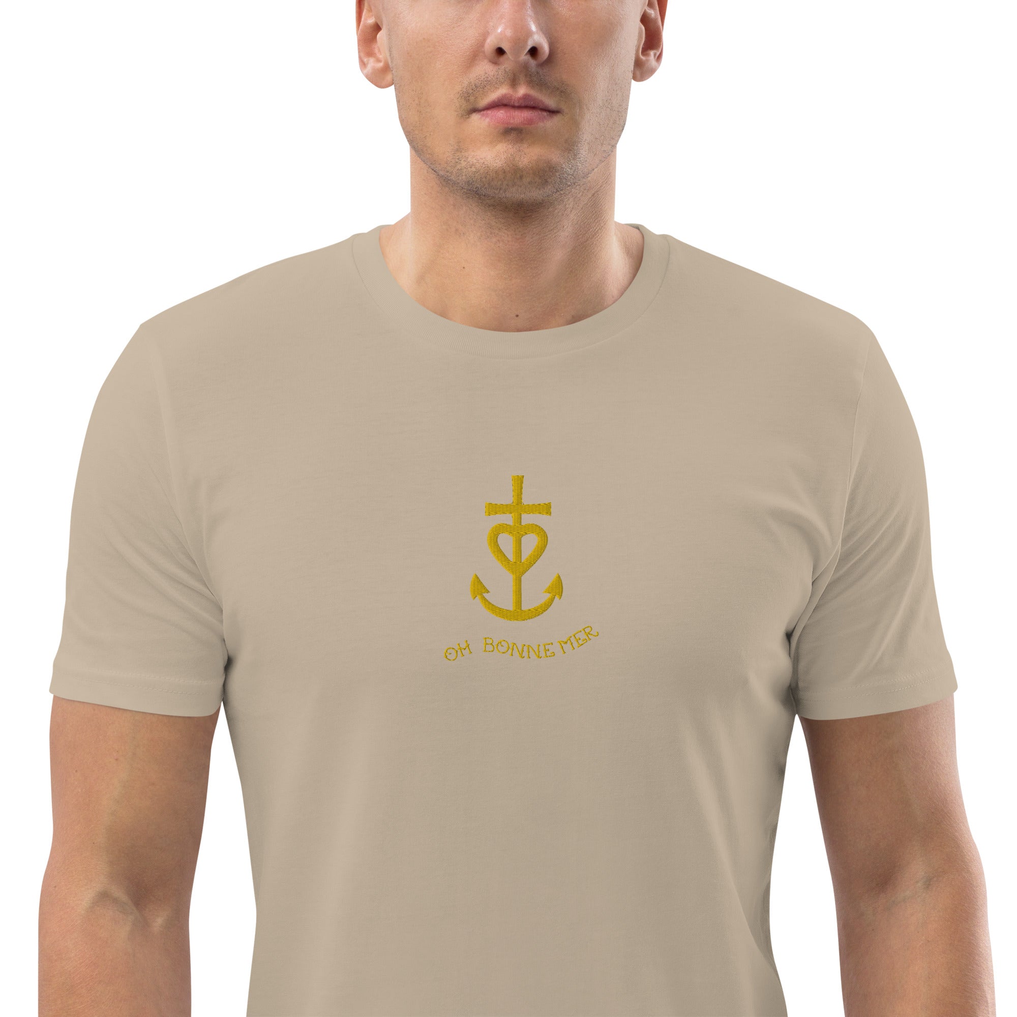 Unisex organic cotton t-shirt Croix de Camargue Gold embroidered pattern on light colors