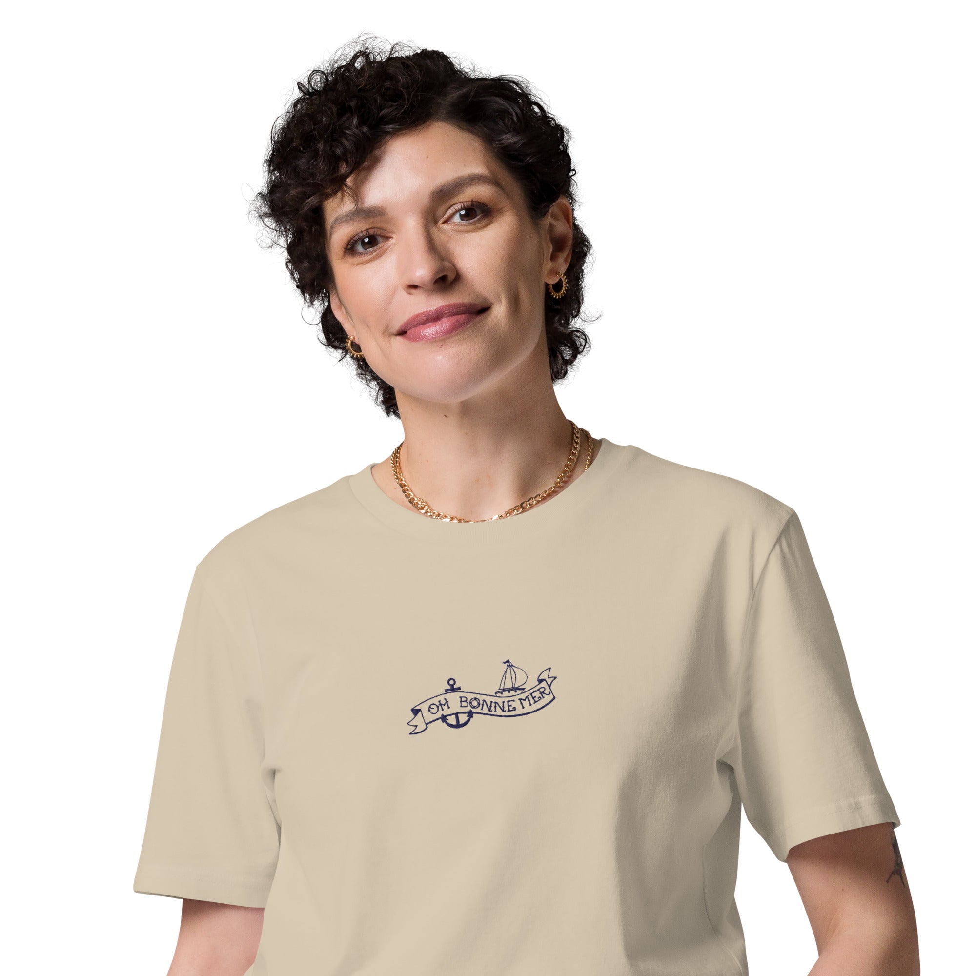 Unisex organic cotton t-shirt Oh Bonne Mer Tattoo navy embroidered pattern on light colors