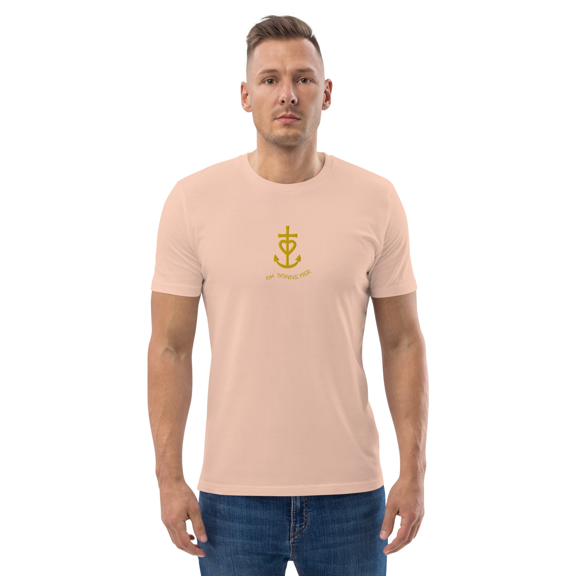 Unisex organic cotton t-shirt Croix de Camargue Gold embroidered pattern on light colors