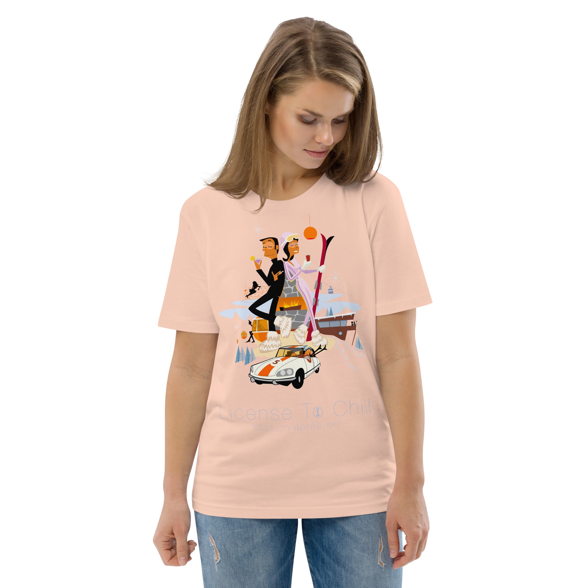 T-shirt unisexe en coton biologique License To Chill Mission Après-Ski sur couleurs claires