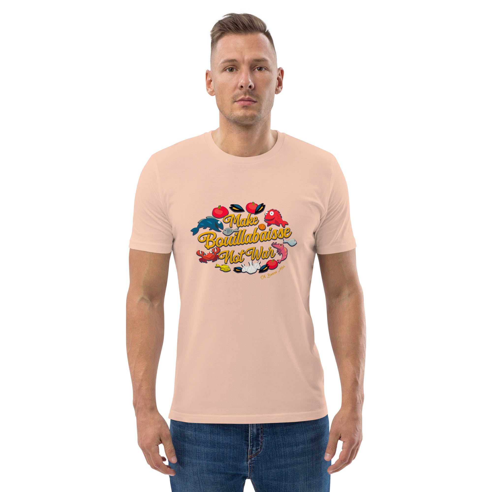 T-shirt unisexe en coton biologique Make Bouillabaisse Not War sur couleurs claires