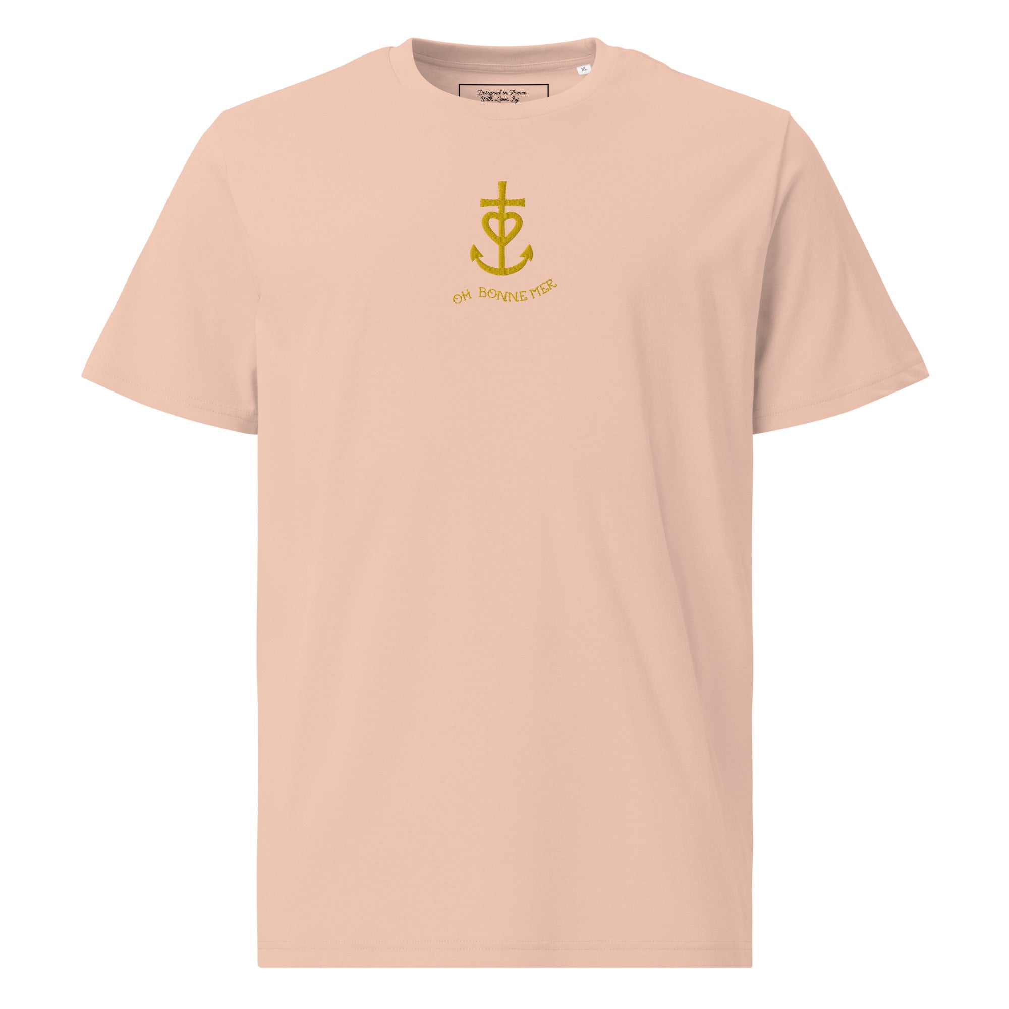 Unisex organic cotton t-shirt Croix de Camargue Gold embroidered pattern on light colors