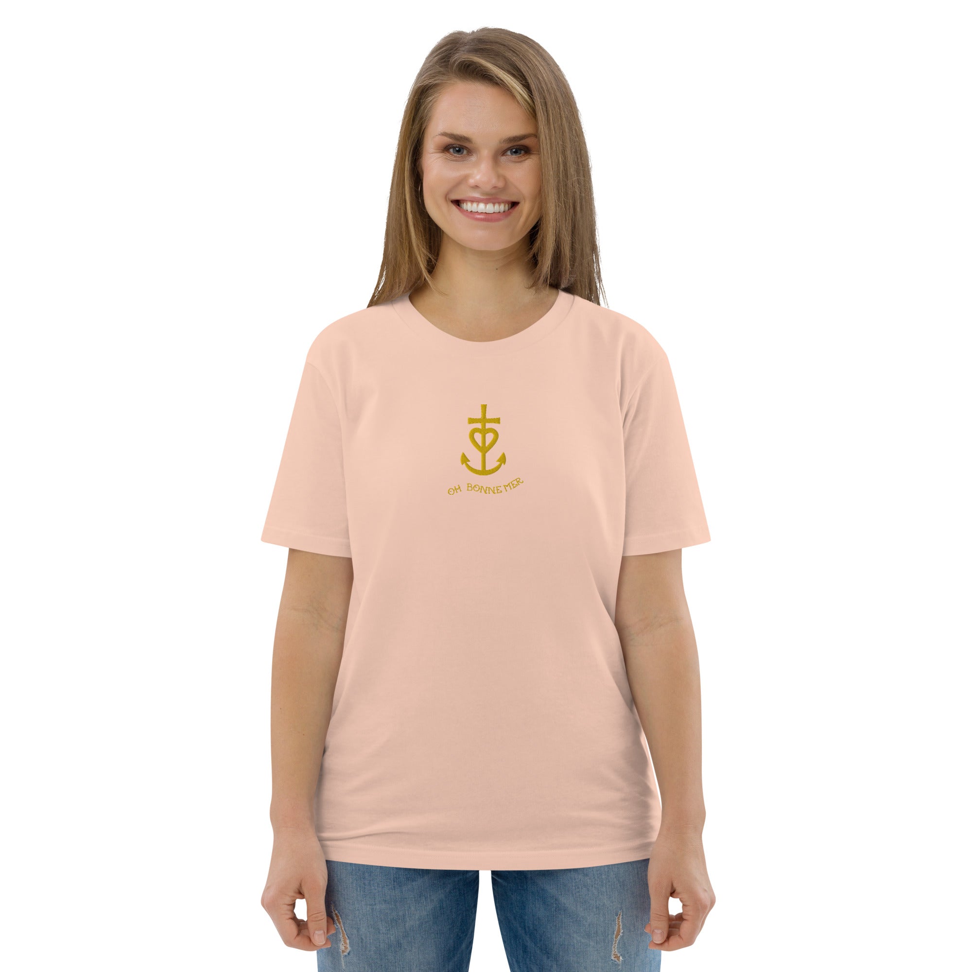 Unisex organic cotton t-shirt Croix de Camargue Gold embroidered pattern on light colors