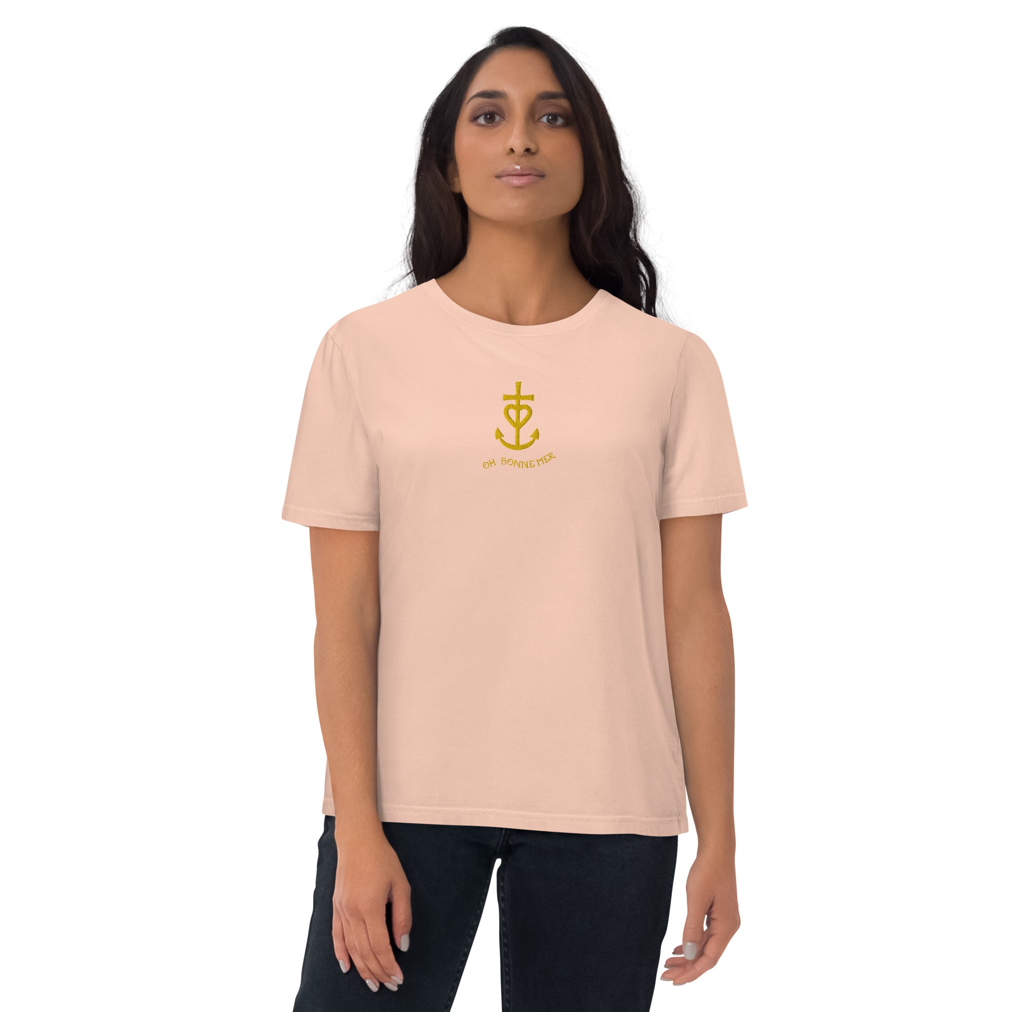 Unisex organic cotton t-shirt Croix de Camargue Gold embroidered pattern on light colors