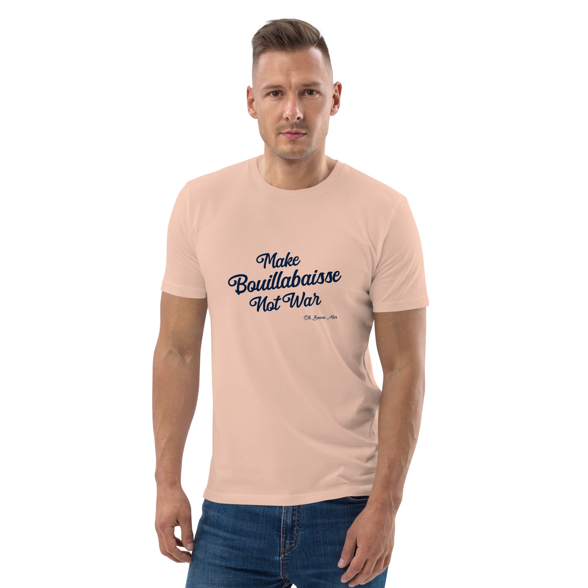 T-shirt unisexe en coton biologique Make Bouillabaisse Not War Navy sur couleurs claires