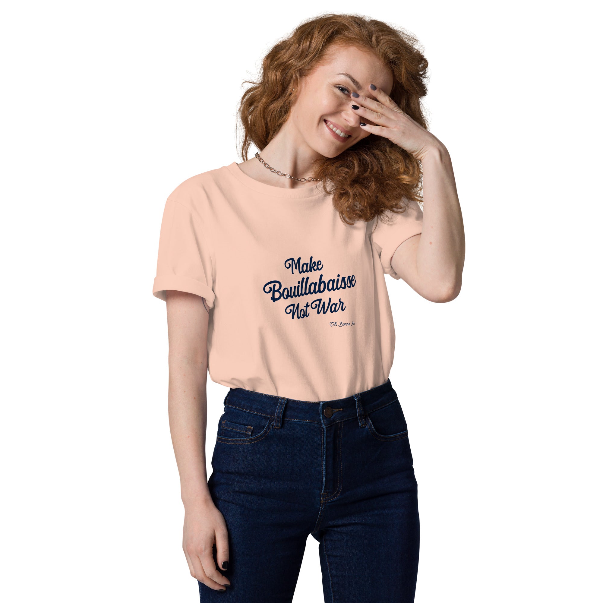 T-shirt unisexe en coton biologique Make Bouillabaisse Not War Navy sur couleurs claires