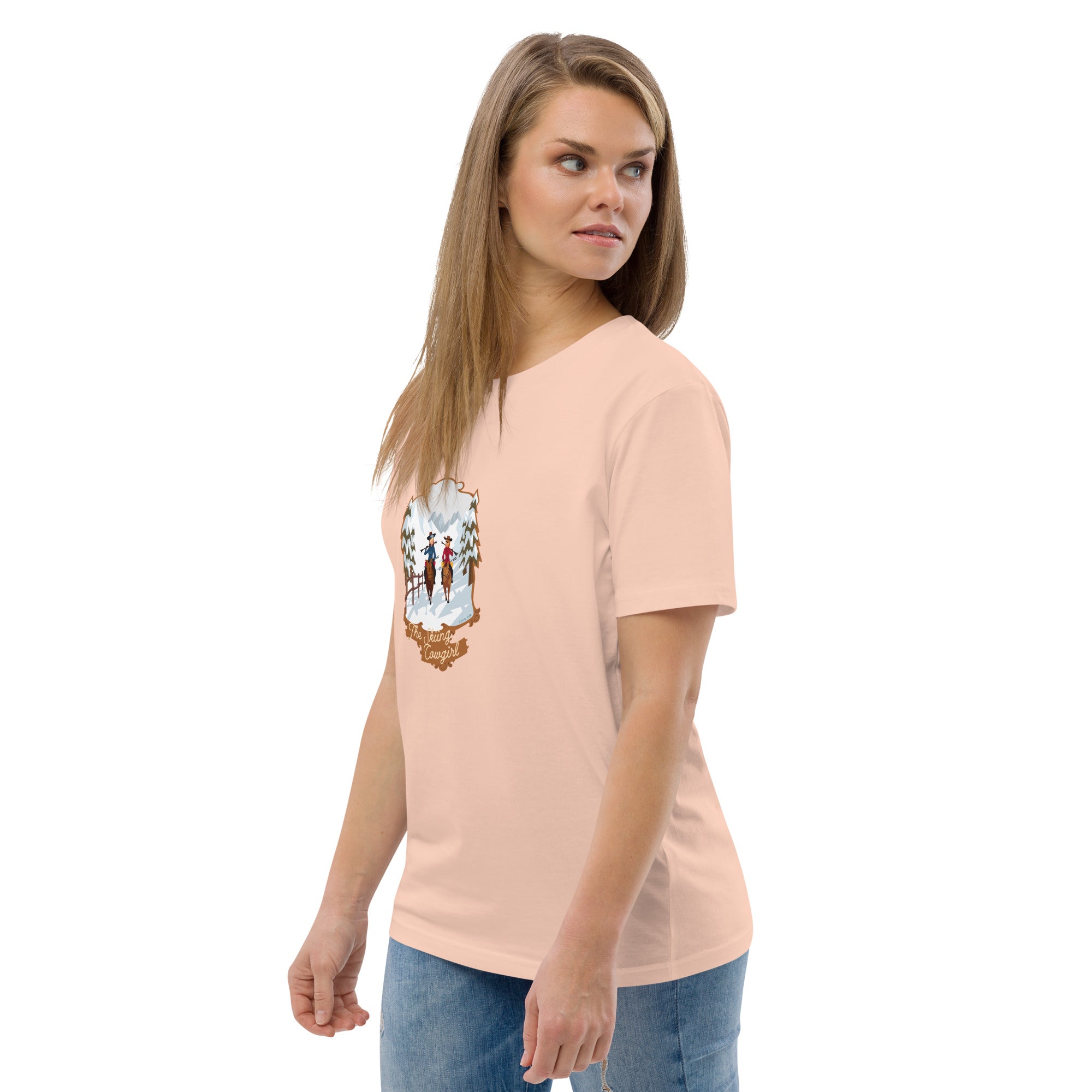 T-shirt unisexe en coton biologique The Skiing Cowgirl sur couleurs claires