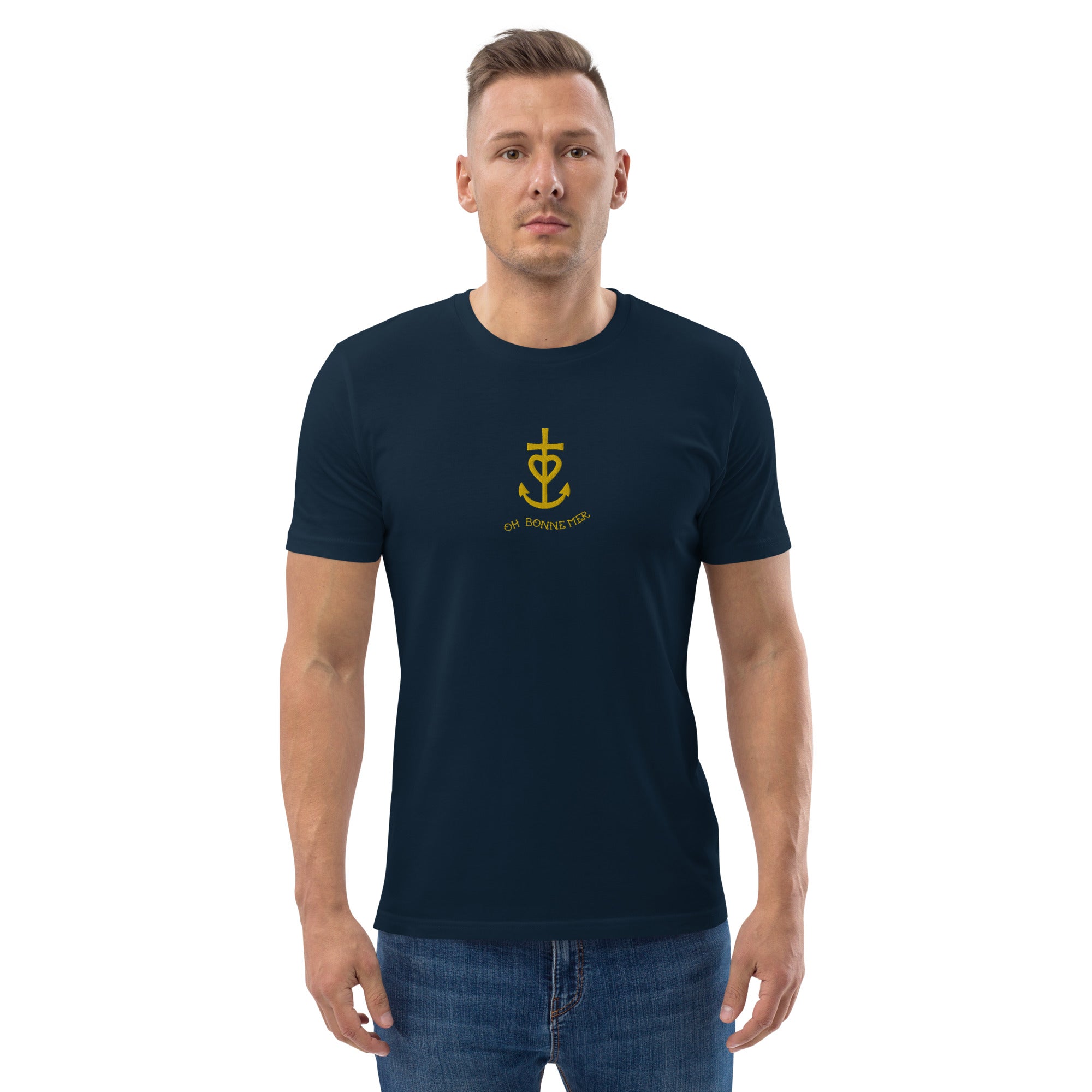 T-shirt unisexe en coton biologique Croix de Camargue dorée Oh Bonne mer brodé sur couleurs foncées