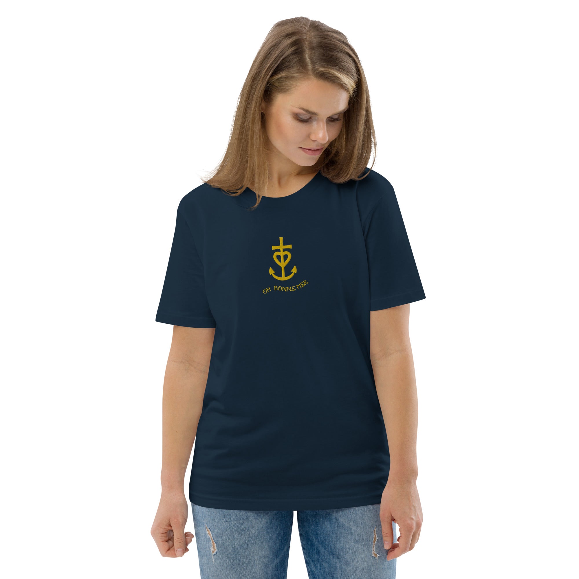 T-shirt unisexe en coton biologique Croix de Camargue dorée Oh Bonne mer brodé sur couleurs foncées